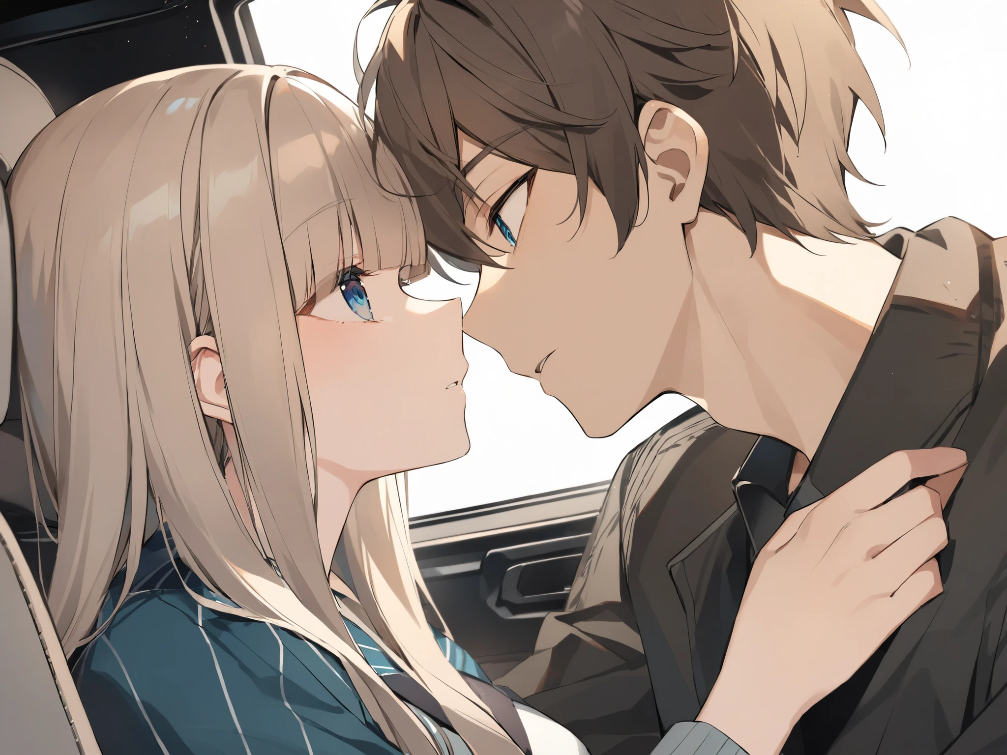 Man and woman in the passenger seat and driver's seat of a car、blunt bangs、chest length hair、whitish ash brown colored hair、blue dark eyes 、face-to-face
