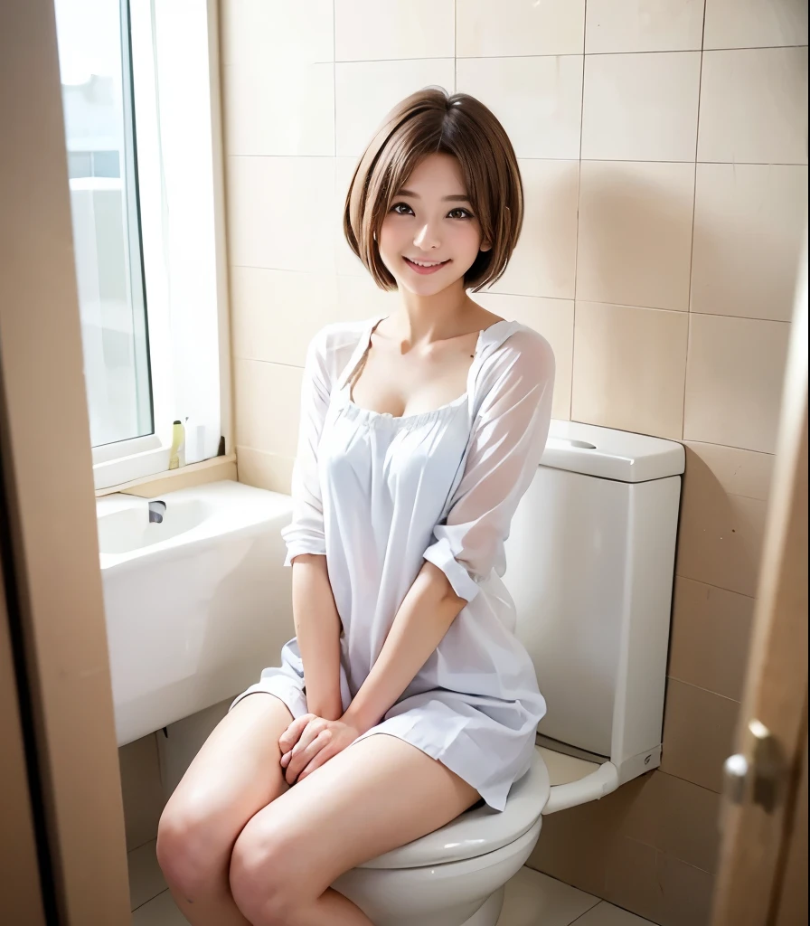 (Best Quality、8k、 without makeup、masterpiece、 super high image quality) 、Clear Photo、photorealistic:1.6、professional lighting、natural light、(very cute girl、 Beautiful Girls、 cute Yuki Yoda、 The cutest in the world )、baby face、small breasts、Ultra slim、thin waist、slender body、 Shiny Skin、almond eye、(very short hair:1.6)、beautiful hair、 slim legs、smile、wearing a white blouse、( toilet 、toiletで便座に座る :1.6)、( Pull your pants down to your ankles ))、(urination、While peeing)、full body photo、(perfect anatomy、 charming)