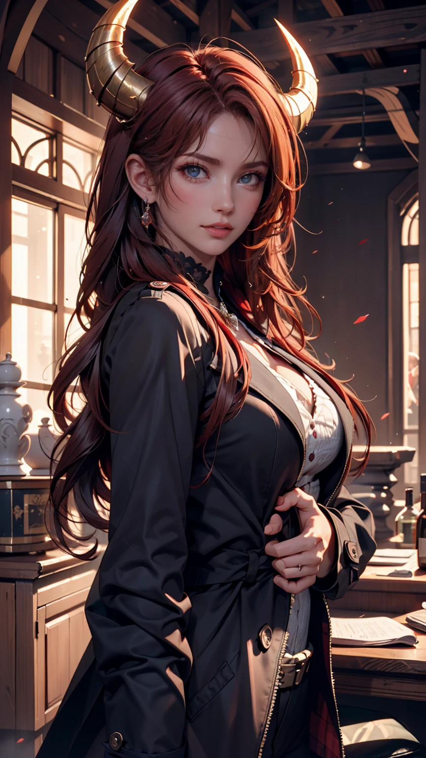 Masterpiece, best quality, 1_woman, (upper 
Masterpiece, best quality, 1_woman, (upper body), (Caucasian skin_complexion) (looking away from the viewer) long double hair braids, dark red hair, diamond shaped eyes, , large_bust, chest window, cleavage, dark red (Victorian blazer),tan halter top blouse, double button breast, long dark red (Lolita skirt), silver trim, black tights, barefoot, small waist 