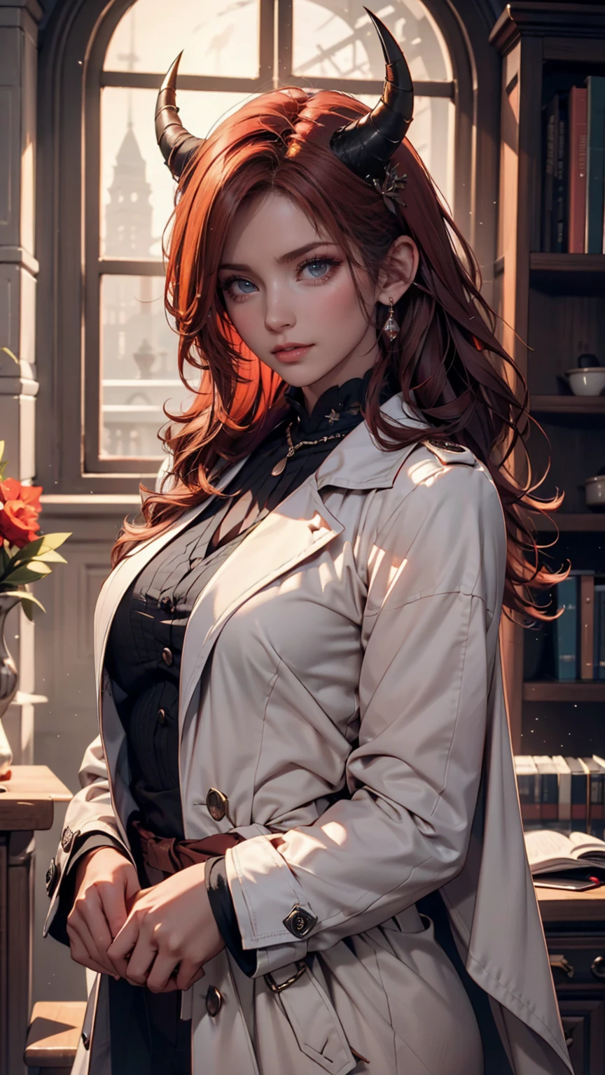 (best quality, realistic, ultra-detailed), portraits, short red hair, shimmering brown eyes, beautiful woman, 32 years old, purple and pink blazer, skirt, white background, intricate details.