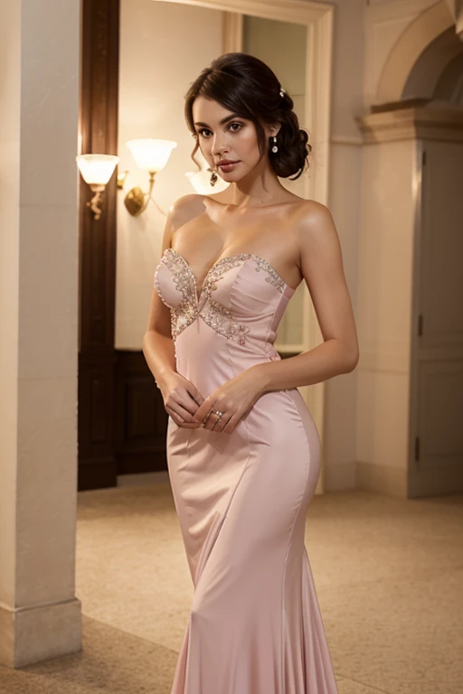 21 year old young woman with dark brown hair, layercut hairstyle to the shoulders, taking a pose with a rose in the hand, valentine day, wear a silk soft coral stylish maxi dress, photography of the year, small hips, medium size chest, inside a ball hall, 32k hud