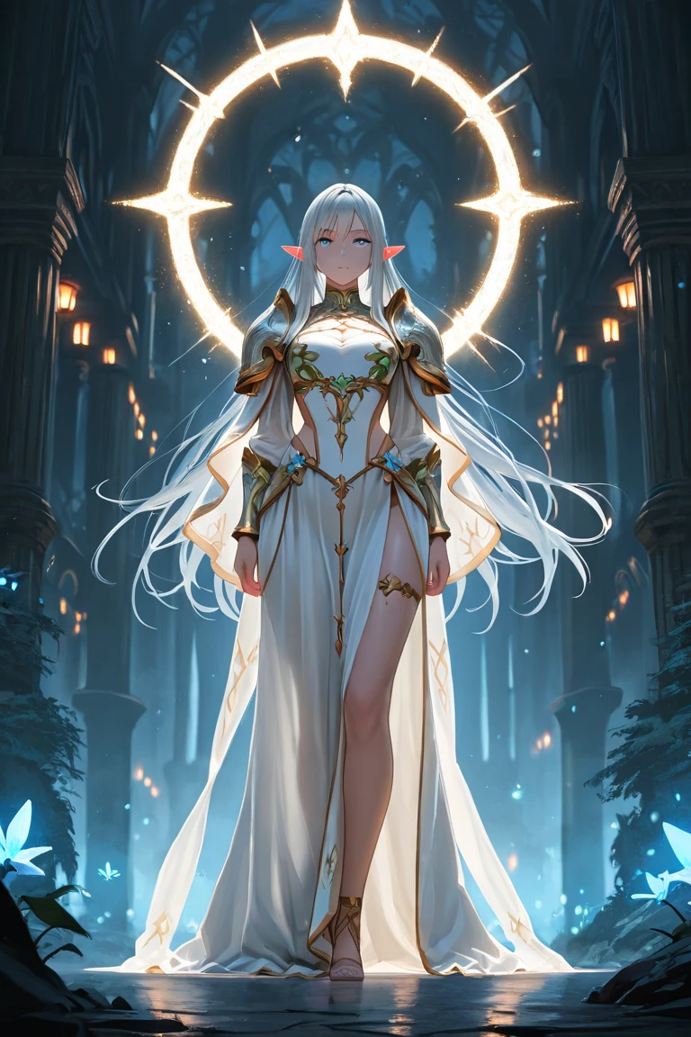 Wearing a long white gold dress,Beautiful and elegant elf commander,White hair and red eyes,The background is a tree trunk,The sky is the stars,The chest is moderate