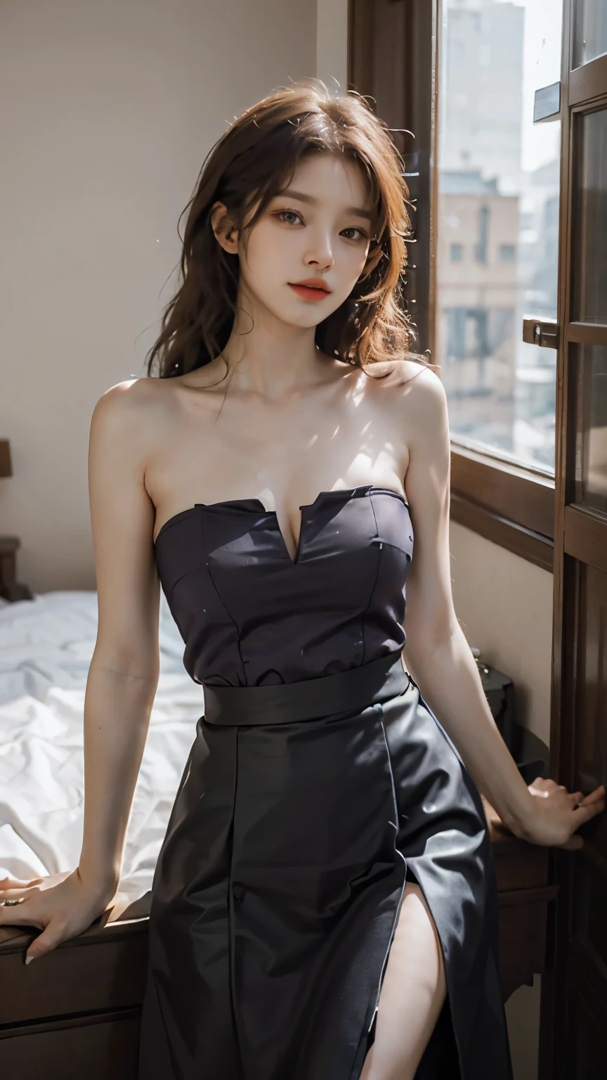 detailed background, masterpiece, best quality, 1 person , curly hair, long hair, purple eyes, star in eye , red  Strapless blouse, long  skirt, cute different poses, indoor wood furniture ,light wood color,, upper body , Red color 