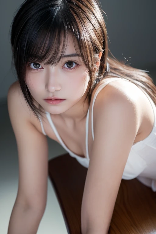 ((((masterpiece, best quality, high resolution)))), Extremely detailed 8K, Beautiful girl with voluptuous body, (Ultra HD, Ultra-detailed, Highly detailed, Highly realistic, Ultra-realistic, photograph realistic), (1girl:1.5), (Realistic white hair), short wavy black hair, bob cut, (dynamic poses), facing at camera, light smile, purple eyes, average breasts, (beautiful detailed face, beautiful detailed eyes), (white tank top, thin material), cleavage, dark jean shorts, glow, sweat, (sunbeam, sunlight)、Fishnet tights