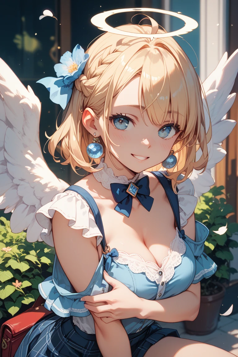 Photo of beautiful jpn-gyaru, masterpiece, 1 girl,  girl with blonde bob hair and blue eyes, (blonde bob hair: 1.2), big breasts, smile, (bunny ears headband:1.3),headphones, (sorceress,  enchantress:1.4),