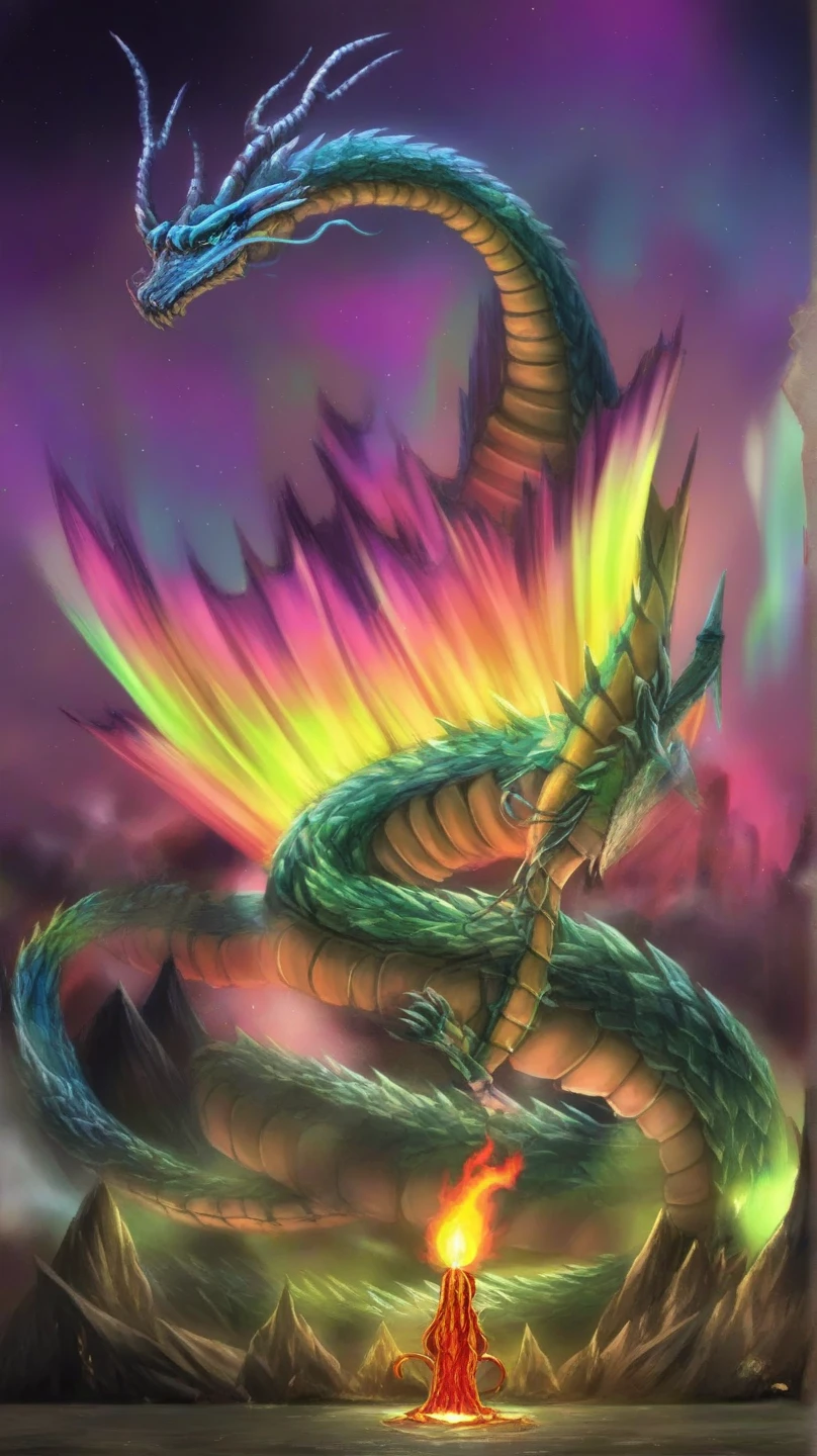 A flying dragon snake, it has a snake-like body, the head of a flying squirrel with dragon horns on its head, the wings of a bat, and the body has pale green fluff. Monsters, game illustrations