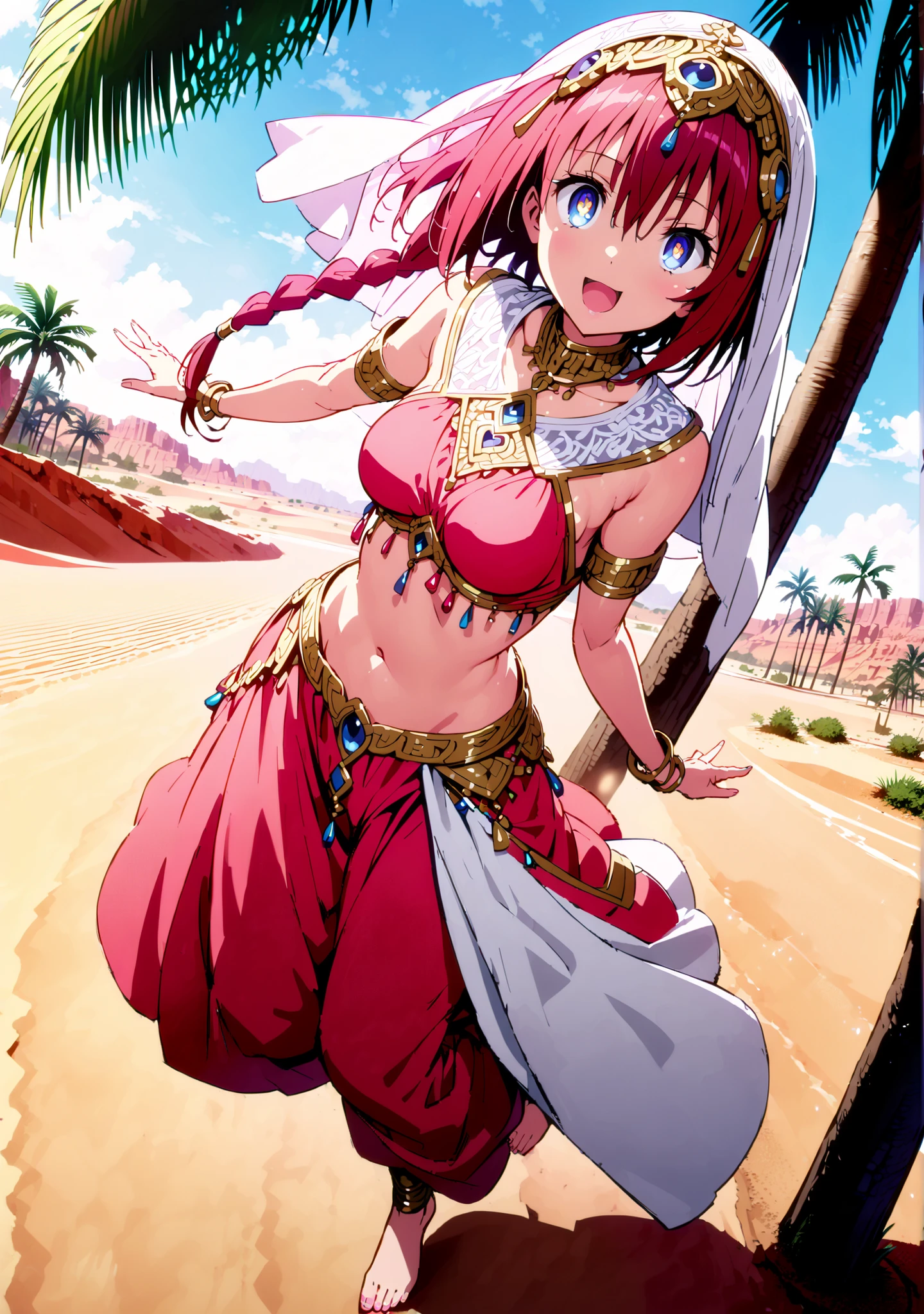 Kurosaki's thing , stupid hair, blue eyes, Single long braid, Hair Intake, hair ornament,red hair,smile,cover,opens her mouth,Medium breast, Harem outfit, White Veil, Arabian clothing, collar , Mousebale, circlet , harem pants, bare feet,gold trim, dancer ,Palm Tree,Dancing,full bodyがillustrationsに入るように,break outdoors, desert,オアシス
break looking at viewer,full body,
break (masterpiece:1.2), Best Quality, high resolution, Unity 8k 壁紙, (illustrations:0.8), (beautiful detailed eyes:1.6), very detailed face, so that it fits into the illustration, Extremely Detailed CG, (perfect hand, perfect anatomy),