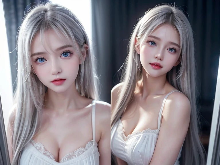 TWICE tzuyu,Korean beauty, silvery white hair, long hair, small face, fair skin, narrow eyes, slanted eyes, slender, big breasts, sex appeal, lustrous, mature