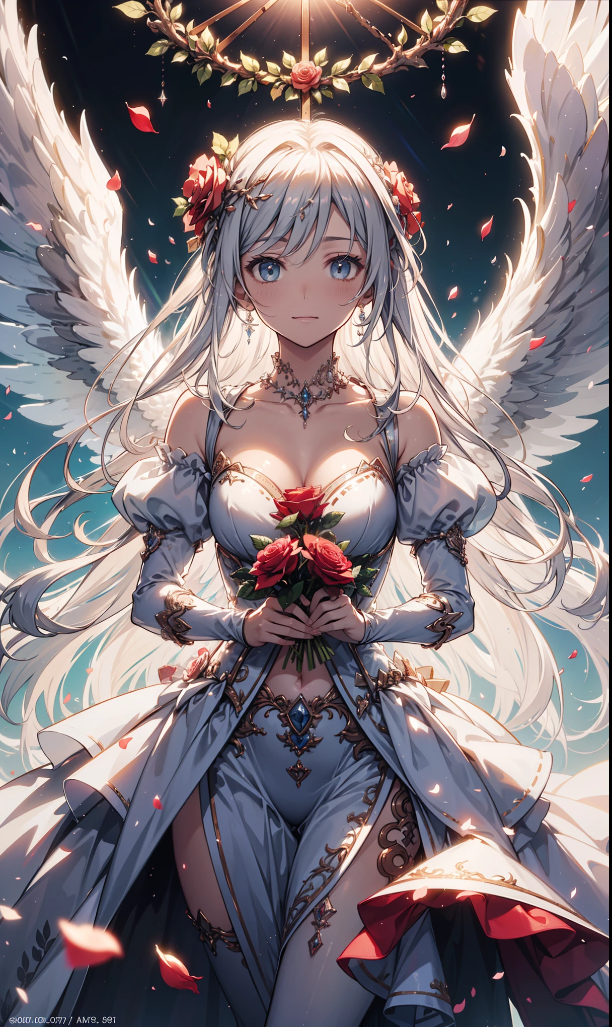 woman, red eyes, white long wavy hair, noble, like prince, sadistic smile, queen. her front hair is tied up. her. where dress like princess or queen. she sadistic and cruel women. like a strong women. like fallen angel. wearing flowers on her head. her white dress is stained with blood