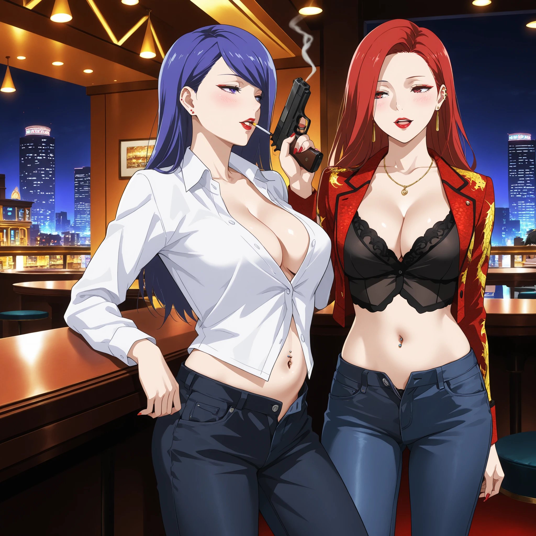 mature female , 2girls , two girls, long hair, high detailed, best quality, ,red lipstick ,medium large breasts,, milf, necklace ,,, ear piercing, long hair, blush, lipstick,Hot girl, baddie, smoking, sensual, attractive ,attractive , bar
background, inside bar,indoors, cityscape, casino, nightclub, city lights, masterpiece,high
quality,4k,belly,,holding pistol,cleavage, ,unbuttoned shirt, collared shirt, knot, smile, open
mouth, (nsfw) not safe for work, evil expression,belly, exposed navel, exposed midriff,
exposed lower belly, ,dragon print jacket, unbuttoned jeans , low rise black
jeans, Low rise jeans with open fly,,navel piercing ,, dragon tattoo , narrowed eyes , tattoo midriff , looking at wiewer, Tokyo Ghoul Style