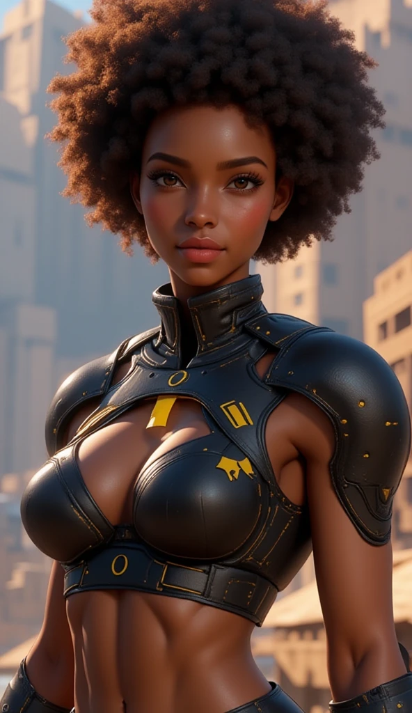 masterpiece, best quality, a dark skinned black woman wearing a transparent clothe, asymmetrical afro haircut, jacket off one shoulders, midriff, smile, teeth, insane ultra hires, extreme intricate details, tooth gap, big boobs, round ass HDR, natural lighting, volumetric shading, dynamic pose, Hyperrealistic, realistic lighting, dramatic shadows, hard focus, high contrast, dramatic perspective dramatic shadows,