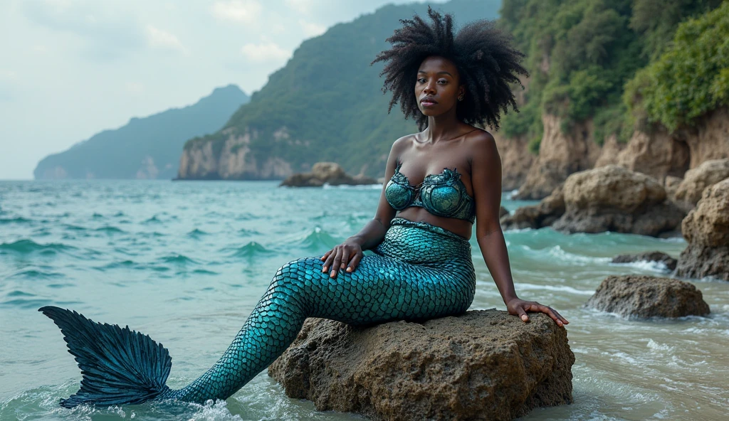 A brown skinned mermaid with voluminous black afro hair with a beautiful tail on a rock with several money, diamonds, Diamonds around you