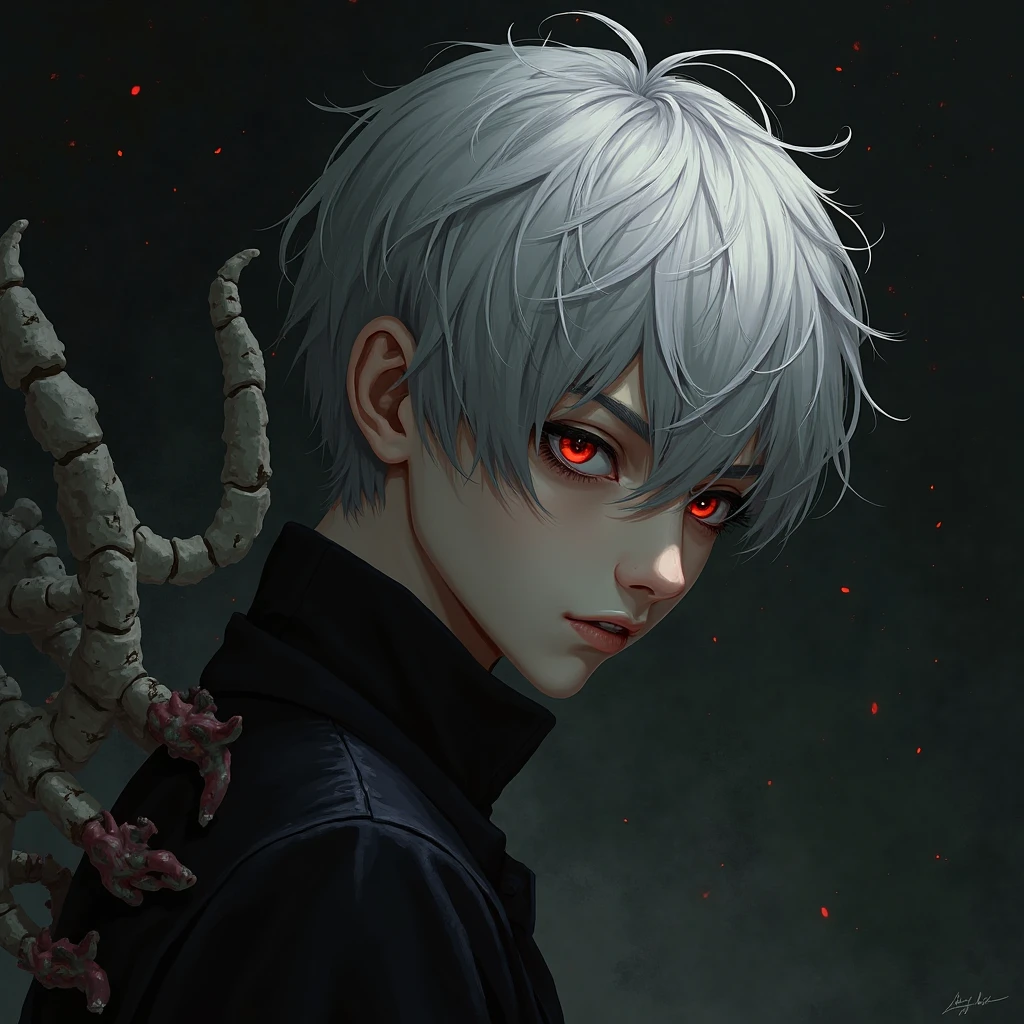 masterpiece,  best quality, newest, highres, absurdres, <lora:sh1un_style:1>, shiun_(siun_5513),painting \(medium\),paint,abstract background, abstract,solo, hair over one eye, blood, looking at viewer, short hair, green eyes, upper body, piercing, sweater, turtleneck, 1boy, one eye covered, ear piercing, white hair, male focus, black background, blood on hands, bangs, closed mouth, tentacles