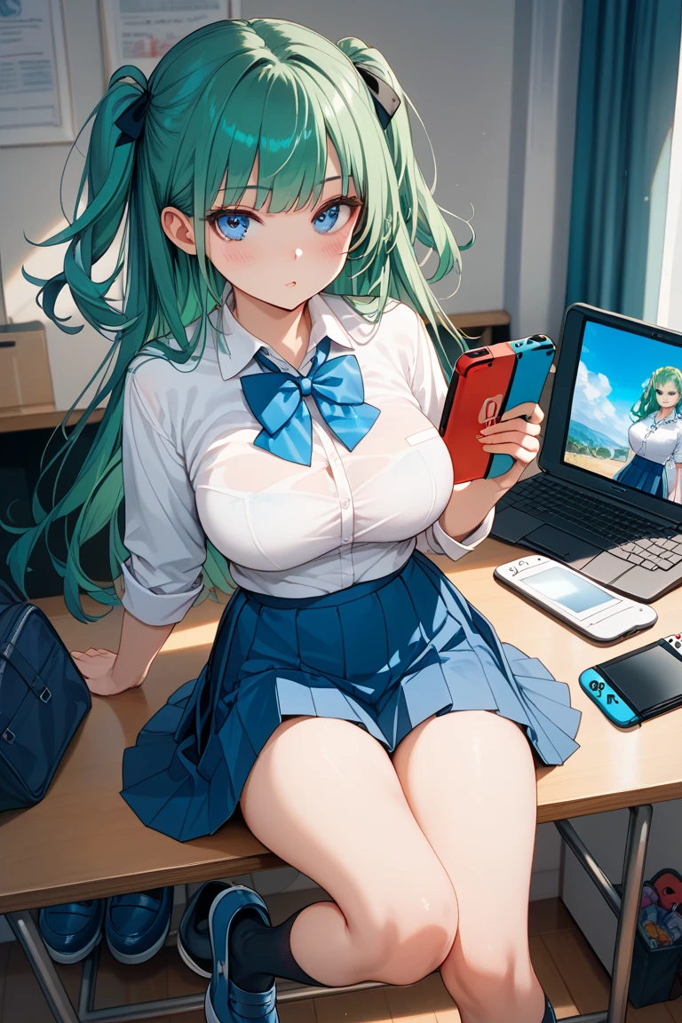 Anime illustrations in the style of "Kyoto Animation", highest quality, (cute: 1.1), (cute), (high resolution: 1.2), incredibly ridiculous: 1.3, incredibly fine illustrations, break 1 beautiful girl, Solo, (heterochromia, light blue eyes and light green eyes), solo, standing figure, happy, :d, princess eyes, big breasts, break, sitting at desk, side angle, looking at PC, touching keyboard, office