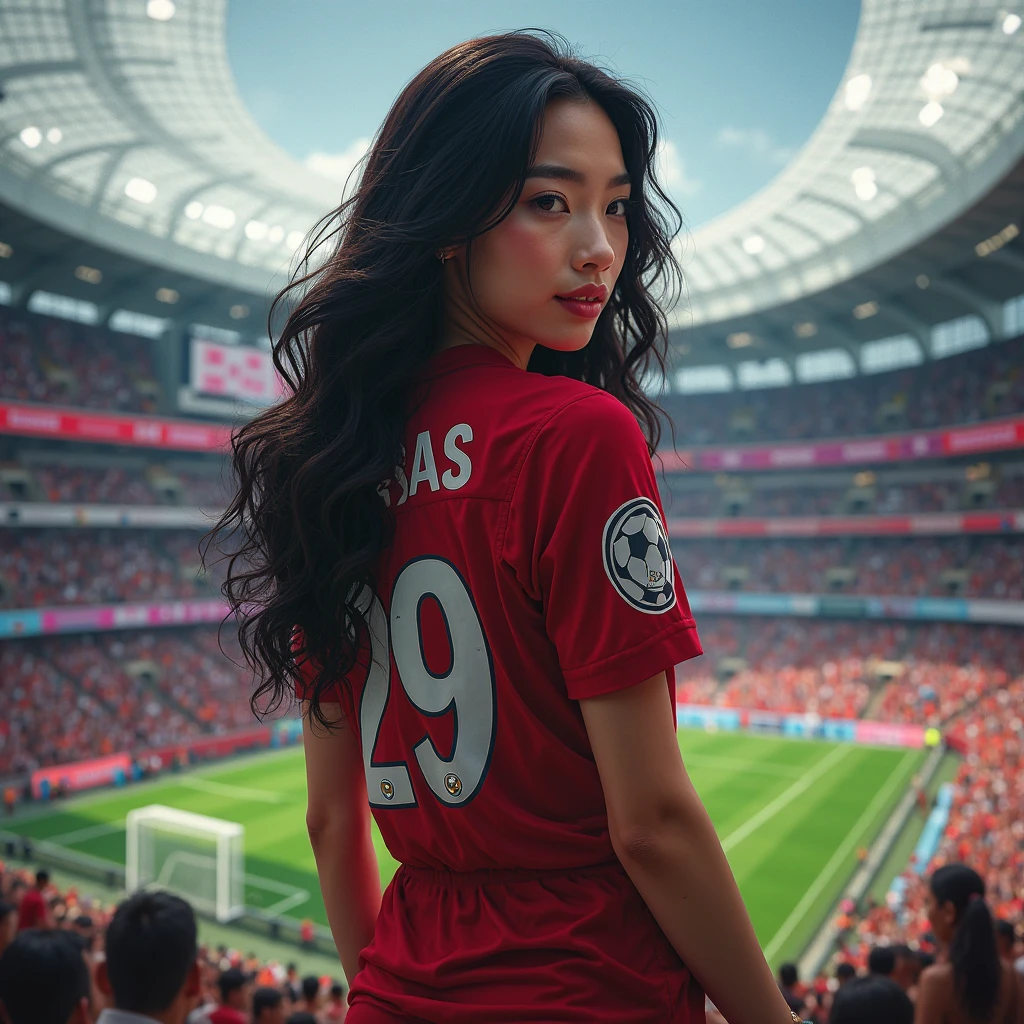 (realistic, high resolution:1.3), 1 girl with a perfect body, Very detailed face and eyes,long hair, (red tank top:Liverpool Football Club player shirt 1.2), short jeans, big girl,Revealing the cleavage, soccer ball in hand,(environment,Football Field)