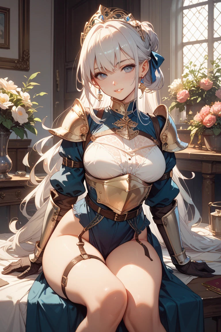 Highest quality, masterpiece, Intricate details, One woman, Age 25, Mature Woman, Cinematic lighting、Female Warrior Paladin、Platinum armor with beautiful and delicate floral embroidery.、Severely Damaged Armor:1.5、Low-rise skirt、Polka dot micro panties:1.5, slim、sweaty skin, squatting:1.2, legs spread:1.4, imprisoned in prison、Chained、Angry face、Sweaty、blush、whole body、Eyes from below、