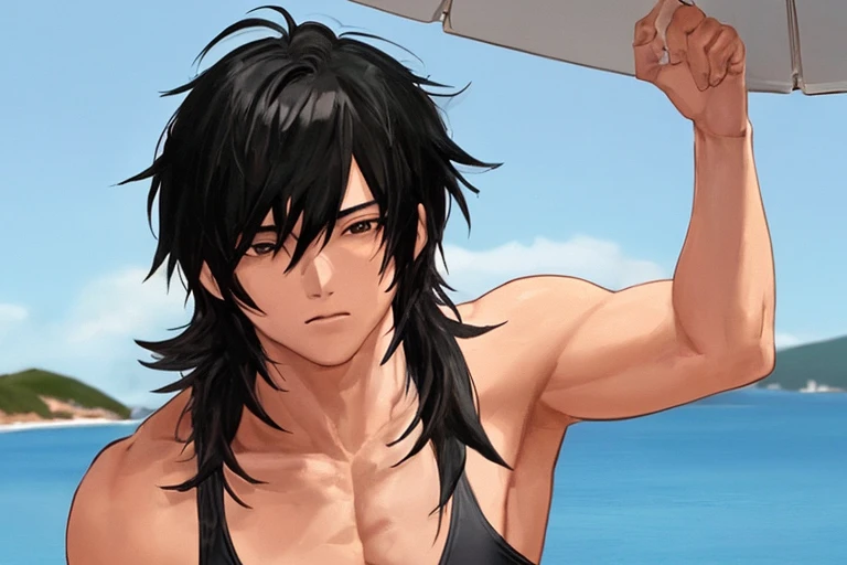 A muscular black haired man with golden eyes and black fox ears and a black fox tail in swim trunks is holding a surfboard at the beach with a big smile