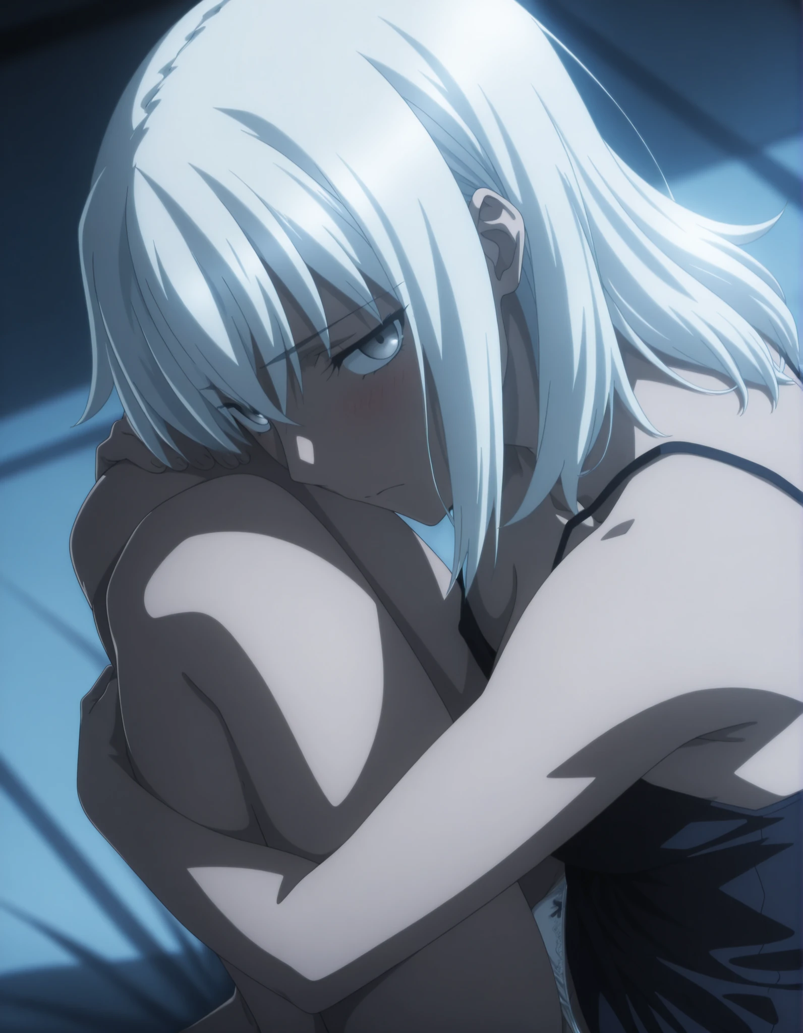 masterpiece, best quality, amazing quality, highres, absurdres, very aesthetic, high resolution, ultra detailed, perfect details, midnight, , indoors, ufotable style, (from above, from back), blue hour, backlight,
1girl, ufotable style, anime style, (anime coloring:1.5), (anime screencap:1.2) ,(aged up),
girl, mature, slim body, slender body, ,Fate Grand Order, fate, Fate Grand Order, medium hair, gray eyes, half eyes closed, white hair, pale skin, (straight hair), fetal position, sitting, , (knees to chest),
(show off nipple), camisole pull, white satin panties, small breast, (looking at viewer), expressionless, (embarrassed),