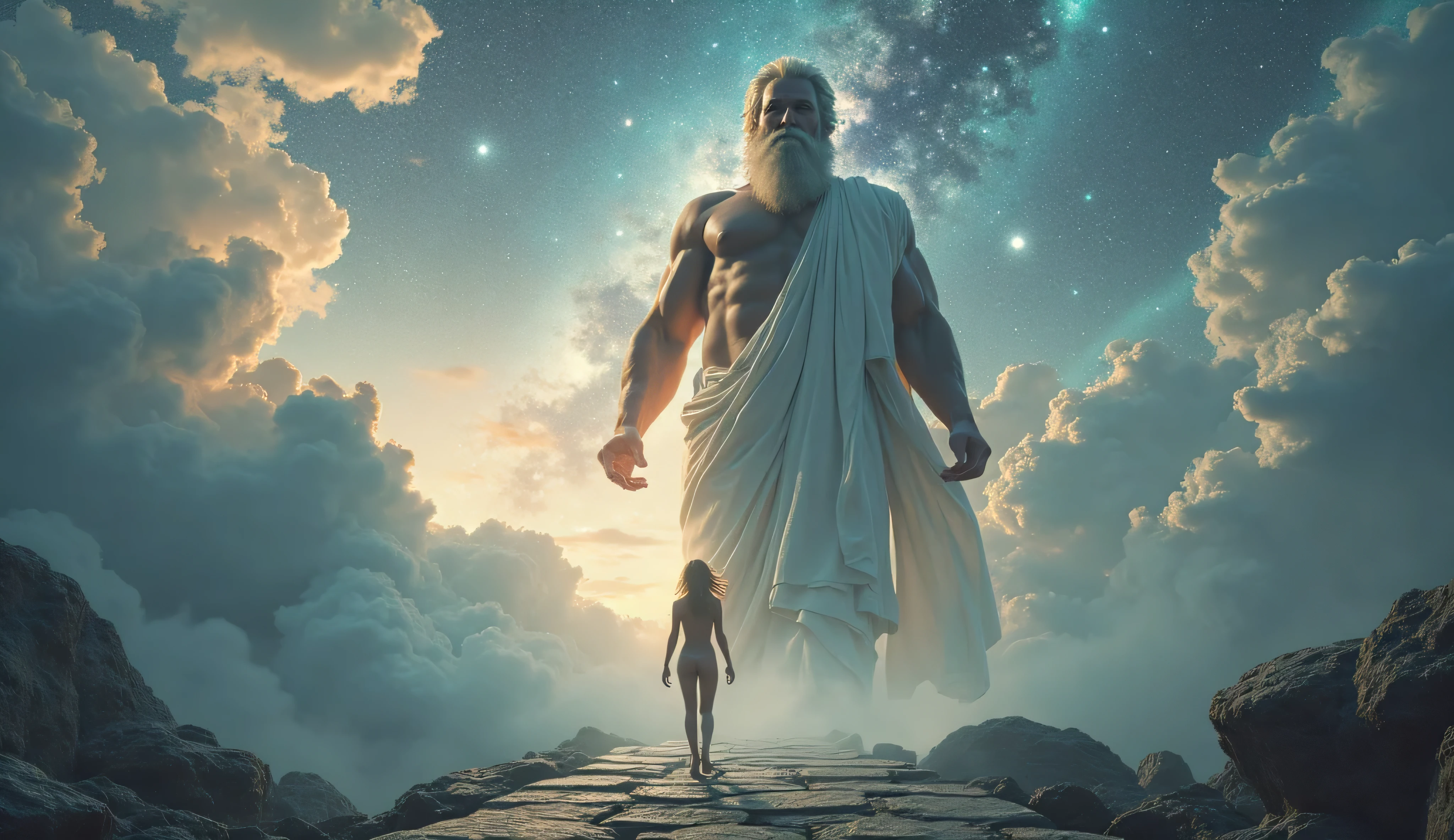 ((work of art))，(best qualityer))，greek style，in the universe，A huge statue of the God Zeus stands in space，Lightning in the sky, Sunnyday, Look to the camera，Zeus standing，Zeus holding the thunderbolt in his right hand, glimmering，glow effect, fully naked woman with big ass on the road，Hyper-Realism，hyperphotorealism，real photography，8k，High definition，high qualiy，work of art，very well, (((offwhite)))，Discoloration，blurring，inking，8k，very well，high qualiy，(((oc renderer)))