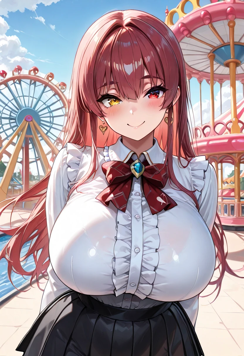 Hentai、High resolution、smile、Pretty Cure、A chubby, big-breasted magical girl with orange hair shows off her sexual appeal at an amusement park on the roof of a high-rise building、A vulgar and obscene frilly dress for a magical girl、Perfect proportions、Cowboy Shot、Belly button、Fatty thick legs、Sweaty、Clear eyes