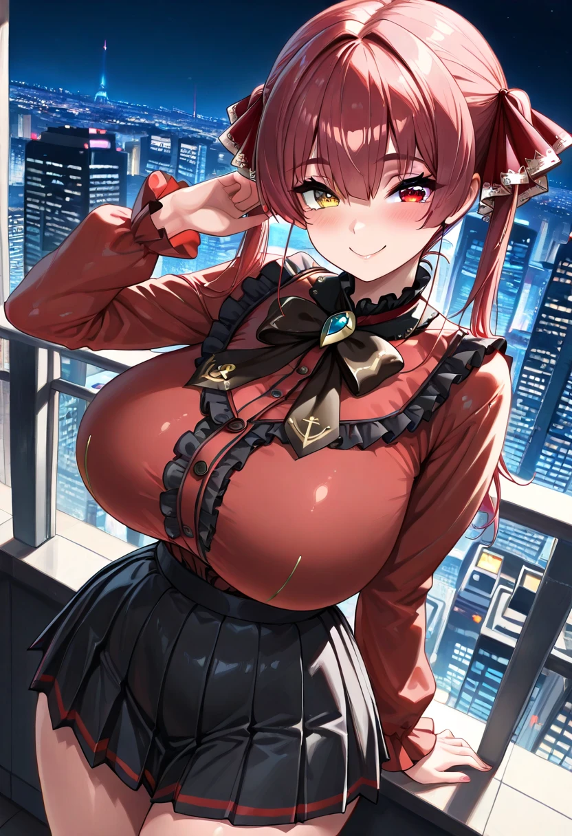 18-year-old girl，Baby Face，Crimson short-haired，ponytail hairstyle，Smile，Huge breasts，cleavage，Sheer red sleeveless top，Leave space in the middle to reveal cleavage，Soaked all over，Blushing，Red eyes，Female spy，Red miniskirt，White gloves，White hand sleeves，White boots，Science fiction，Future，Inside the mecha combat robot warehouse，robot driver，Pistol hanging on waist，No bangs