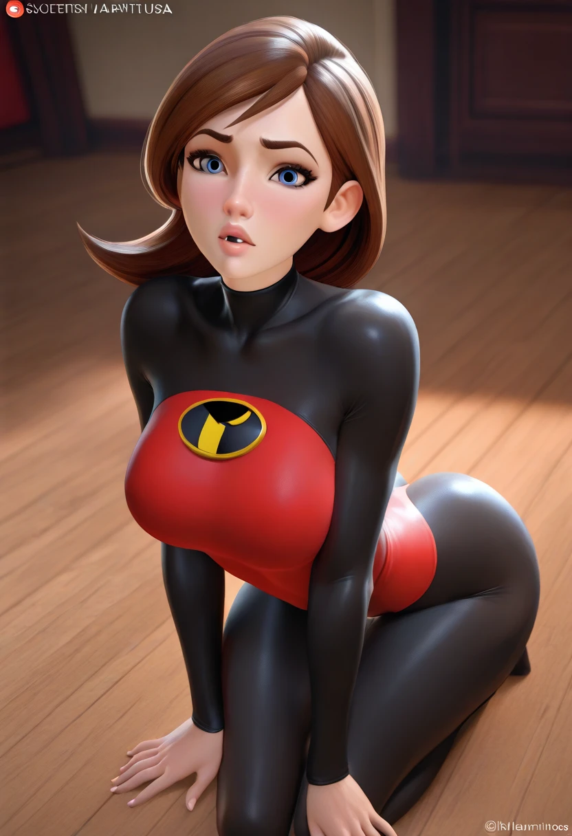 Helen parr, petite body, (masterpiece, best quality), (colorful:1.4), from above, solo, 1girl crime fighting in the city, heroic, sunshine, depth of field,full head, nude, red choker, black gloves, black boots, body reveal, (spread legs :1.3) , NSFW , (( nude)):1.3 , pressenting, exposed , seductive posture, sexy pose, alluring, detailed body, accurate