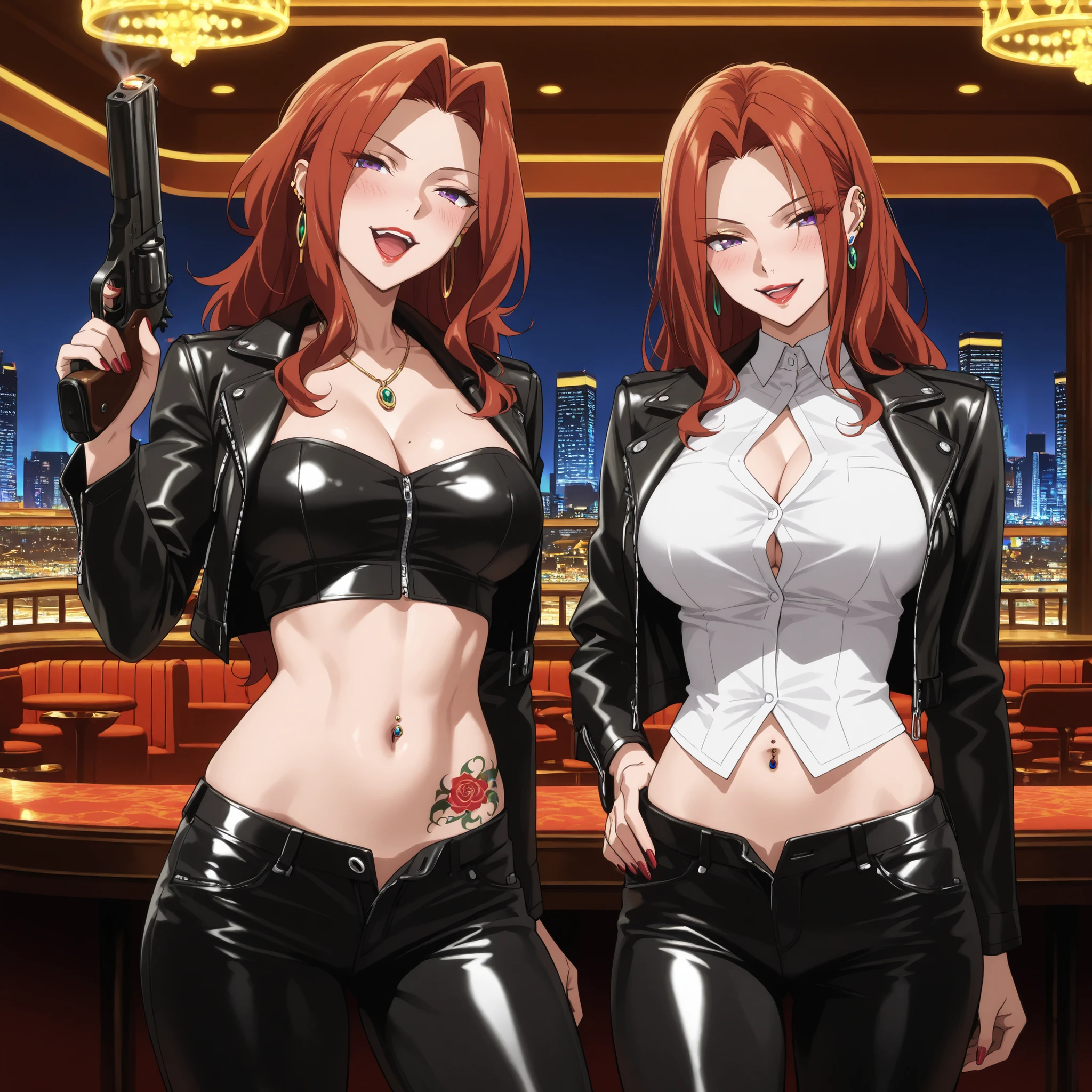 mature female , 2girls , two girls, long hair, high detailed, best quality, ,red lipstick ,medium large breasts,, milf, necklace ,,, ear piercing, long hair, blush, lipstick,Hot girl, baddie, smoking, sensual, attractive ,bar
background, inside bar,indoors, cityscape, casino, nightclub, city lights, masterpiece, best quality, highly detailed, a girls with a gun, evil smile , open mouth, sexy gaze, badass
pose , evil smile, smile, (nsfw) not safe for work, guns blazing, anime girl with long hair, beautiful long
haired girl, navel, evil expression, exposed belly, exposed navel, exposed midriff, exposed lower belly,
long black pants, cleavage, unbuttoned leather pants ,open fly, low rise black leather pants,
leather jacket, holding a gun, holding pistol, navel piercing ,,unbuttoned shirt,black collared
shirt, knot, , dragon tattoo, narrowed eyes, tattoo midriff, looking at wiewer,