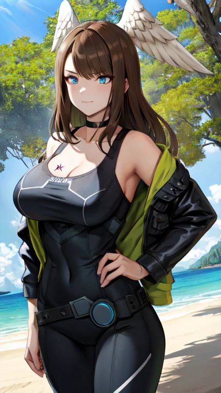 1 girl, long brown hair, eyepatch on right eye, (large breasts), (thick thighs), hotpants, hoodie midriff, (((muscular)))