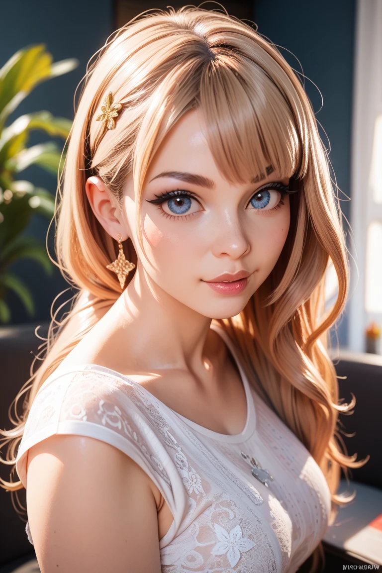 (Masterpiece, Professional lighting, 16k, 8k wallpaper, raw photo, photorealistic:1.8, ultra detailed, , slightly wide angle lens, natural lighting, detailed skin, detailed face, detailed eyes), 1 beautiful girl, selfie shot from above, full body image , long curly blond hair with bangs, necklace, blue eyes, gaze inviting look