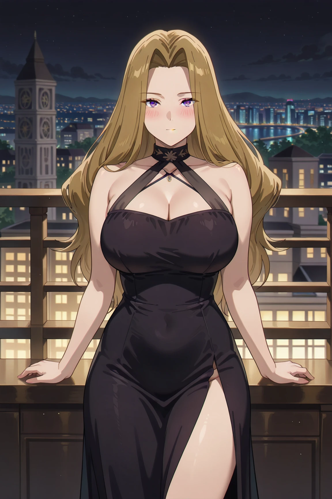 Ryouna_(Senran Kagura), heterchromia, beautiful girl with fair skin, blonde hair, wearing a lustrous black dress that highlights her wide hips, wide shoulders, and big breasts, cleavage, and big ass. She is wearing open-toe heels with red painted toenails and nails. She is a tall girl standing in a crowd, with an ethereal, score_10, ballad-like atmosphere, in a 2.5D style.