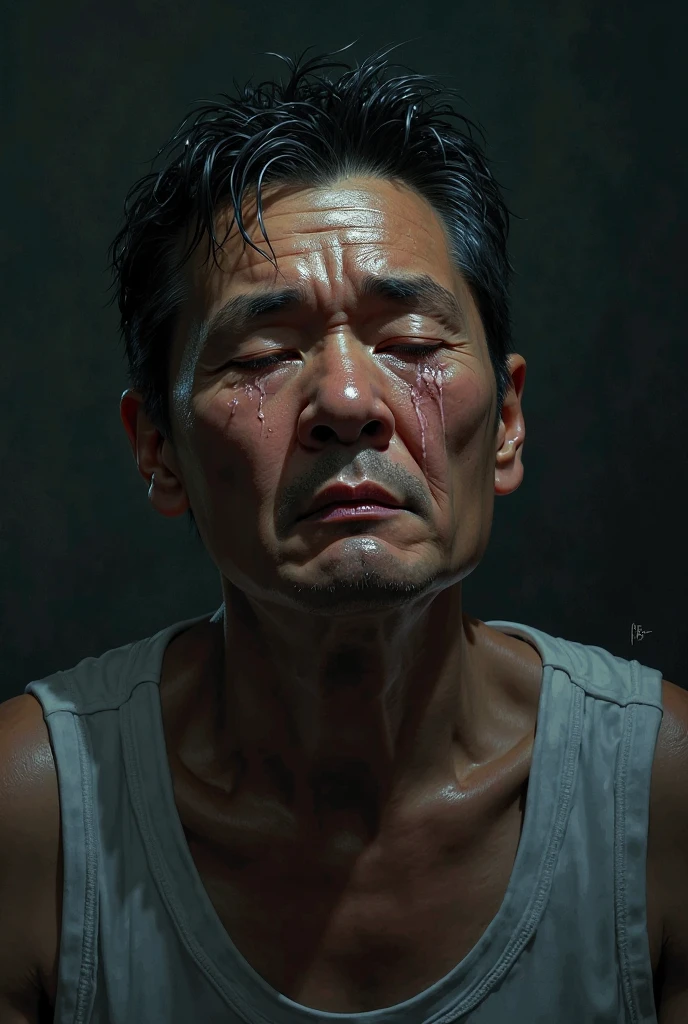 (Highest quality:1.5), (masterpiece:1.5), (8k:1.5), (jungle:1.1), (1 man:1.1), (Completely naked:1.1), 50 years old, (Asian people:1.1), (combed-back hair:1.1), (Anguished expression:1.2), Kneeling, (Sticking out tongue:1.1), shoot from front, close-up face