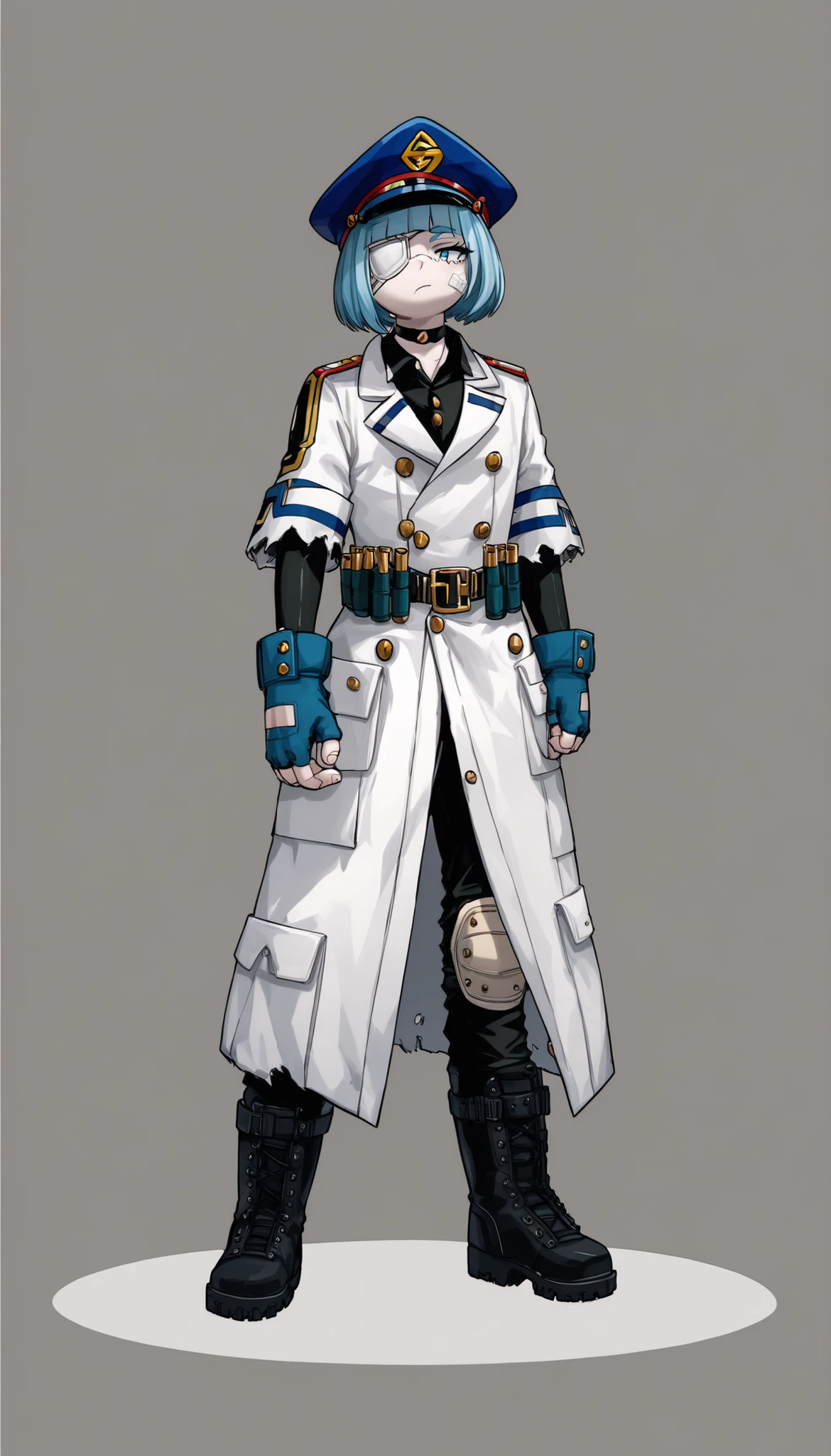 (My Hero Academia Style), ((OC)), ((1guy)), ((male)), (Anthro), ((perfect face)), (((perfect hands))), ((perfect anatomy)), (Knee gap), (Ankle Gap), ((standing)), ((looking at viewer)), ((Simple Grey background)), ((full body photo;1.5)), ((bored expression)), ((light blue eyes)), ((pale skin)), ((white and straight hair)), ((Very Short Hair)), ((Menhera)), ((mizuiro)), ((frilly eyepatch Over One eye)), ((white eyepatch)), ((Armwear bandages)), ((Fingerless handwear Bandages)), ((Black choker)), ((Very Long and Very High Collared White Coat)), ((Three-quarter Torn Sleeves White Coat)), ((Bullet holes Long Coat)), ((Open Coat)), ((Fullbody Loose Black Bodysuit With Blue Medium Line)), ((Loose Bodysuit Tucked in Coat)), ((Loose Bodysuit Tucked in Boots)), ((Blue Hip Belt With White Pouches and Black Circle Buckle)), ((Ankle feetwear Combat Boots)), ((Blue Metallic Knee Pads)), ((Very Short Hair)), ((Hair Intakes)), ((Bob Cut)), ((Inverted Bob)), ((Blunt Hair)), ((Medium Long Blunt Sidelocks)), ((V-Shaped Slim Eyebrows)), ((Eyebrows visible through Hair)), ((Swept Blunt Bangs)), ((Blue Inner Hair)), ((Military Headwear Hat)), ((White Military Hat)), ((Headwear)), ((Delinquent)), ((Hero Costume)),