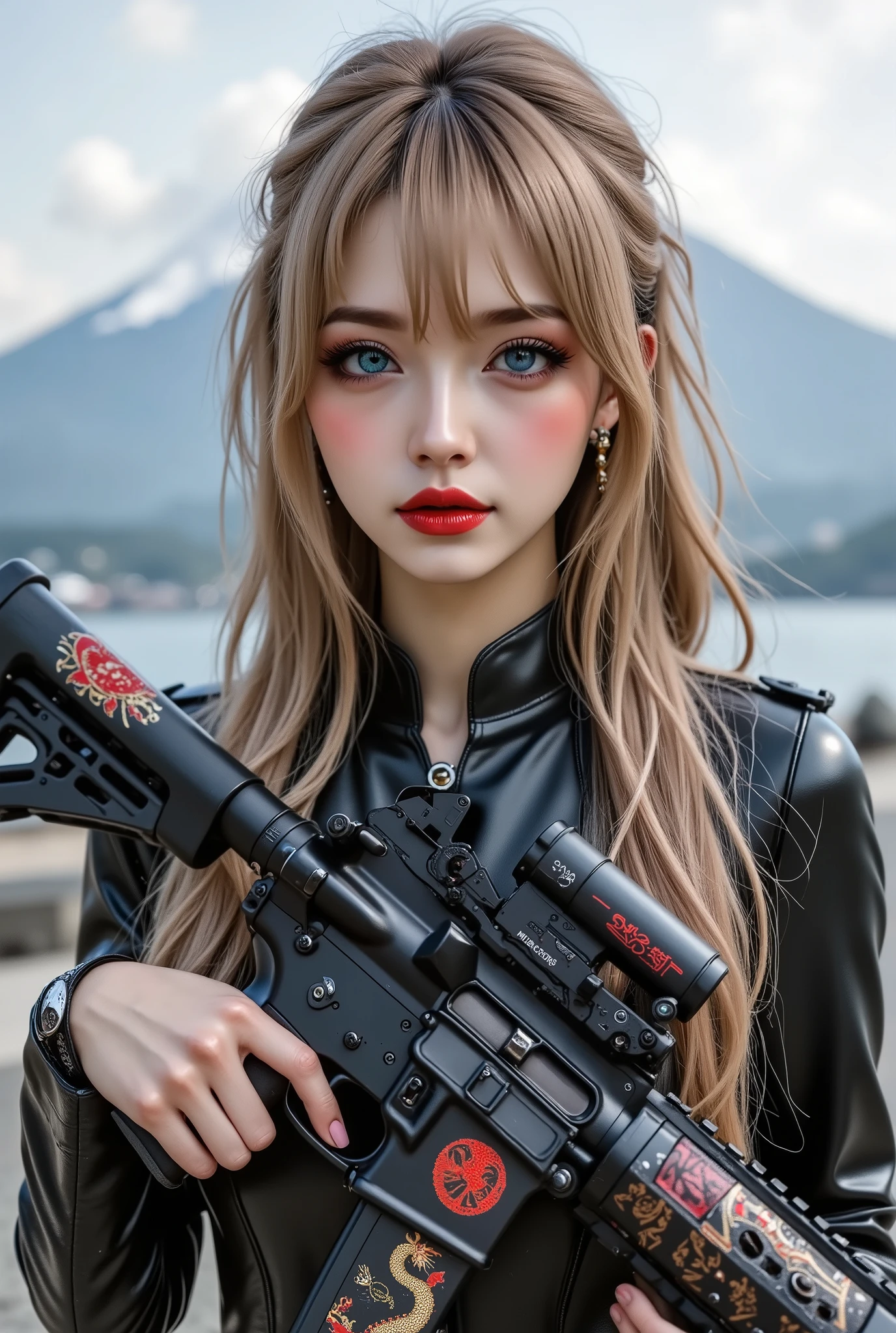 [Style: - "8k, masterpiece, realistic, Photorealistic realism, Hyper high resolution" - "highest quality, intricate ultra-detailed digital art"] (Key Directive: - "The priority is the anatomical accuracy and texture of the materials" - "Ultra-sharp human eyes with biological accuracy") {Character: "a beautiful girl hold with both hands, one machine gun [(M16A4 assault rifle, Stat Track) ((Pull the trigger with your index finger:1.2, Laser beam:0.7, Flamethrower:0.7, Looks like fire:0.6)) ((Painted Japanese dragon))" | "((firm and full breasts:1.4))]" | Face: "full lips, red lipstick, intense gaze" | Eyes: - "((sharp focus, no blurry eyes, Hyper absurd quality, Hyper details, Hyper realistic brown eyes:1.4))" - "((extra narrow eyebrows))" - "(Carefully draw Long blue_mascara:1.2)" - "(perfect round eyes)" | Hair: "long hair, blonde hair, curls at the ends of the hair, hair above one eye,((long combed to the side))" | Pose: "elegant pose" Outfit: [Top: "modest office suit {black,elegant,leather}, (shiny accessories)" | " white undershirt(lace)"] | [Shoes: "high heels"]  Environment: "((Mt. Fuji tori))" Lighting: "studio lighting, monochromatic, striking contrast, dramatic shadows" (Rendering engine: "Unreal Engine 5 path tracing, 16K texture maps") | The ultra-Highres,Unreal 5,Subsurface scattering,PBR Texturing,Post-Processing,Anisotropic Filtering,depth of fields,Maximum Sharpness and Sharpness,multi-layered texture,Albedo and Specular maps,Surface Shading,Precise simulation of light-material interactions,perfectly proportions,Octane rendering