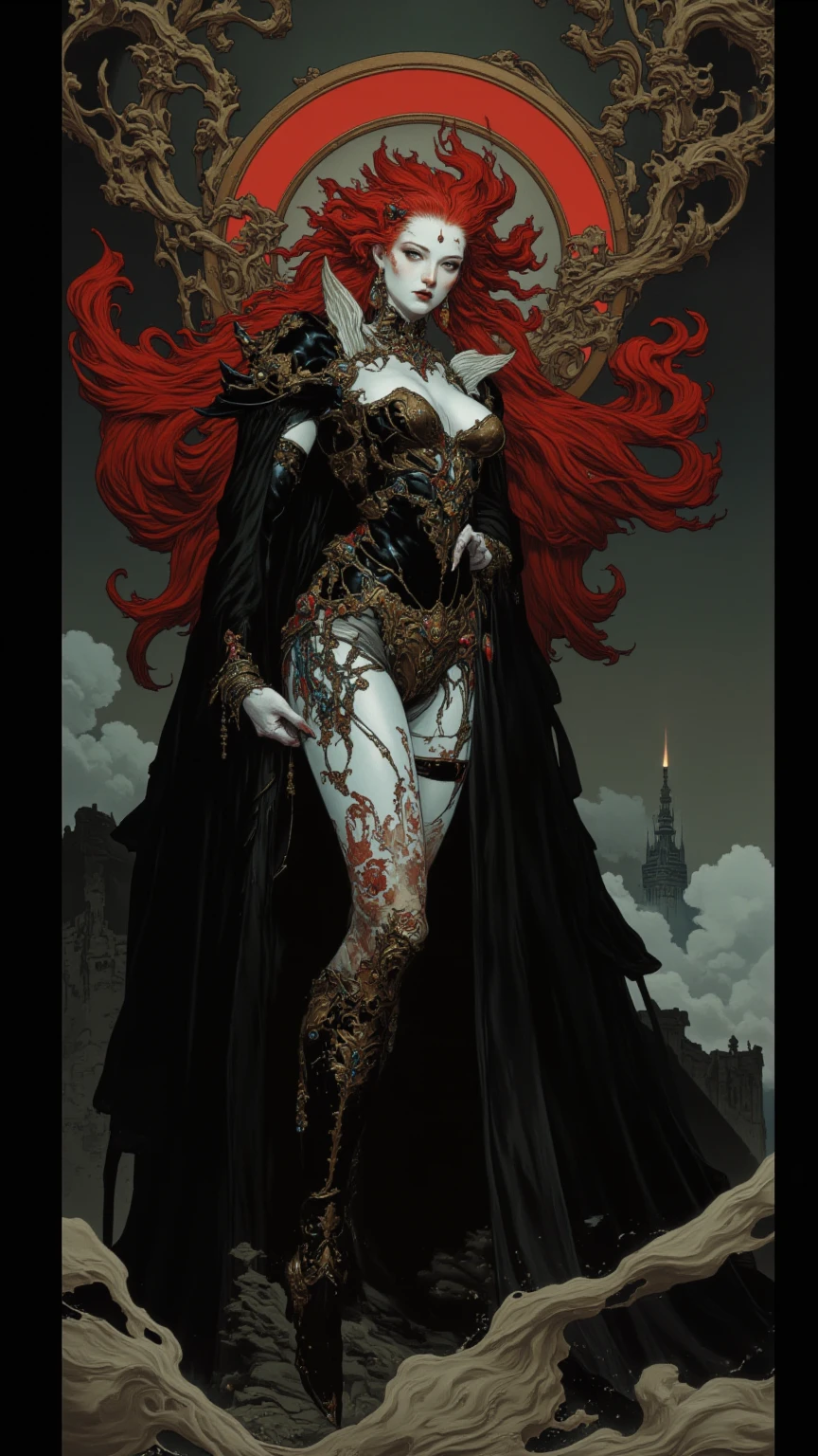 fantasy art, gothic art, (masterpiece:1.5), full body best details, highly detailed, best quality, Glowing Purple, highres, full body portrait of a vampire, elf (Masterpiece, best quality: 1.6), ultra feminine, wizard, (intricate details, Masterpiece, best quality: 1.5) with a long curvy hair, light color hair, blue eyes, (fantasy art, Masterpiece, best quality), ((beautiful delicate face)), Ultra Detailed Face (intricate details, fantasy art, Masterpiece, best quality: 1.5), [[vampiric fangs 1.5]] (red cloak: 1.3) , flowing cloak (intricate details, fantasy art, Masterpiece, best quality: 1.3), wearing an intricate black dress (intricate details, fantasy art, Masterpiece, best quality: 1.5), high heeled boots, urban background (intense details, beat details), fantasy, at night light, natural ,moon light, clouds, gothic atmosphere, soft light, dynamic light, [[anatomically correct]], high details, best quality, 8k, [ultra detailed], masterpiece, best quality, (extremely detailed), dynamic angle
