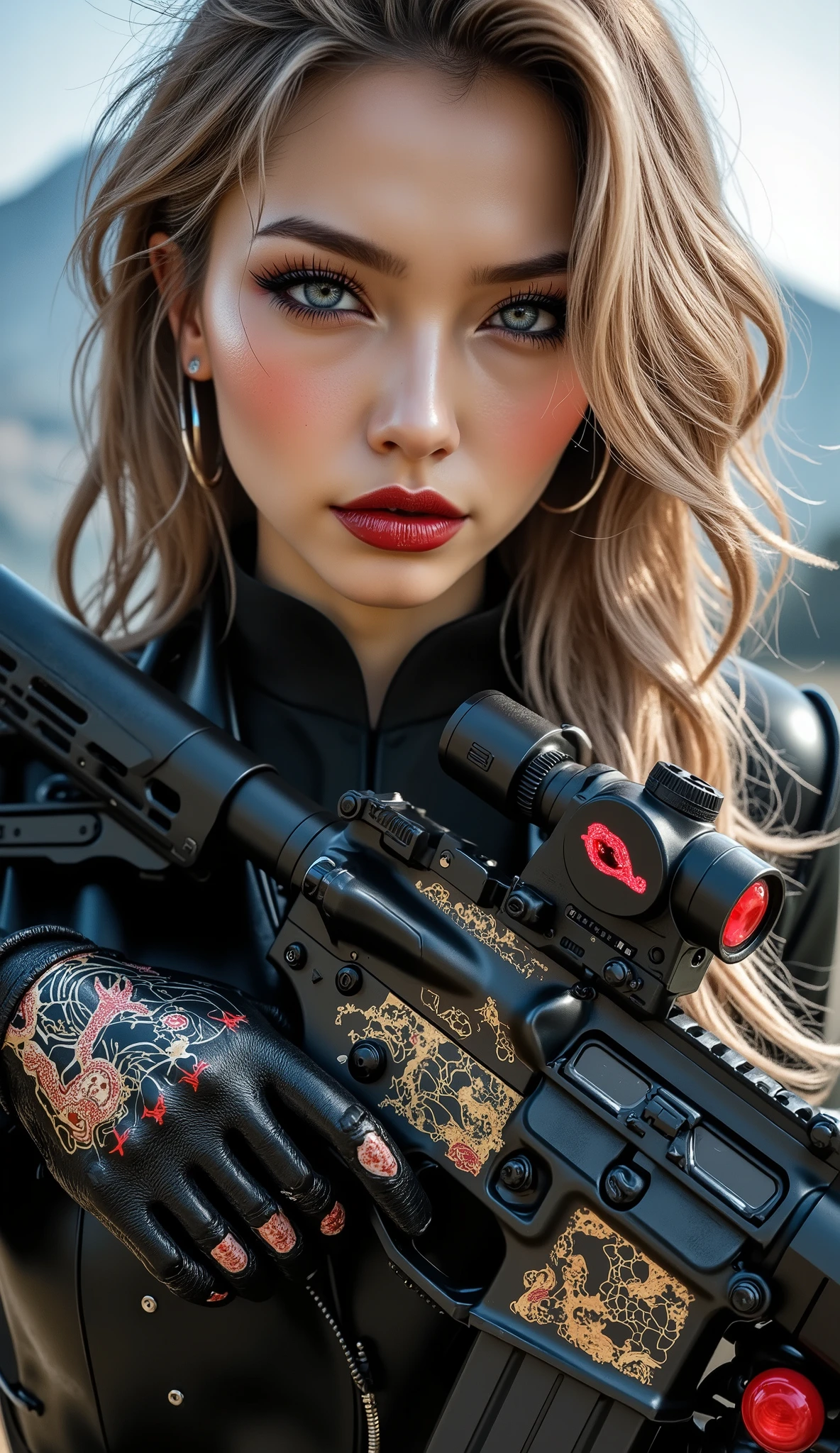 [Style: - "8k, masterpiece, realistic, Photorealistic realism, Hyper high resolution" - "highest quality, intricate ultra-detailed digital art"] (Key Directive: - "The priority is the anatomical accuracy and texture of the materials" - "Ultra-sharp human eyes with biological accuracy") {Character: "a beautiful girl hold with both hands, one machine gun [(M16A4 assault rifle, Stat Track) ((Pull the trigger with your index finger:1.2, Laser beam:0.7, Flamethrower:0.7, Looks like fire:0.6)) ((Painted Japanese dragon))" | "((firm and full breasts:1.4))]" | Face: "full lips, red lipstick, intense gaze" | Eyes: - "((sharp focus, no blurry eyes, Hyper absurd quality, Hyper details, Hyper realistic brown eyes:1.4))" - "((extra narrow eyebrows))" - "(Carefully draw Long blue_mascara:1.2)" - "(perfect round eyes)" | Hair: "long hair, blonde hair, curls at the ends of the hair, hair above one eye,((long combed to the side))" | Pose: "elegant pose" Outfit: [Top: "modest office suit {black,elegant,leather}, (shiny accessories)" | " white undershirt(lace)"] | [Shoes: "high heels"]  Environment: "((Mt. Fuji tori))" Lighting: "studio lighting, monochromatic, striking contrast, dramatic shadows" (Rendering engine: "Unreal Engine 5 path tracing, 16K texture maps") | The ultra-Highres,Unreal 5,Subsurface scattering,PBR Texturing,Post-Processing,Anisotropic Filtering,depth of fields,Maximum Sharpness and Sharpness,multi-layered texture,Albedo and Specular maps,Surface Shading,Precise simulation of light-material interactions,perfectly proportions,Octane rendering