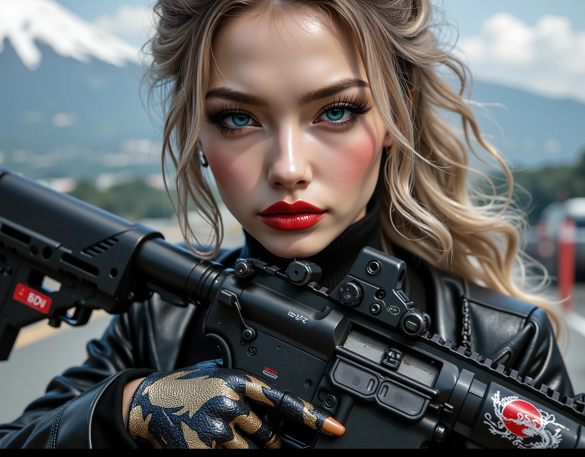 [Style: - "8k, masterpiece, realistic, Photorealistic realism, Hyper high resolution" - "highest quality, intricate ultra-detailed digital art"] (Key Directive: - "The priority is the anatomical accuracy and texture of the materials" - "Ultra-sharp human eyes with biological accuracy") {Character: "a beautiful girl hold with both hands, one machine gun [(M16A4 assault rifle, Stat Track) ((Pull the trigger with your index finger:1.2, Laser beam:0.7, Flamethrower:0.7, Looks like fire:0.6)) ((Painted Japanese dragon))" | "((firm and full breasts:1.4))]" | Face: "full lips, red lipstick, intense gaze" | Eyes: - "((sharp focus, no blurry eyes, Hyper absurd quality, Hyper details, Hyper realistic brown eyes:1.4))" - "((extra narrow eyebrows))" - "(Carefully draw Long blue_mascara:1.2)" - "(perfect round eyes)" | Hair: "long hair, blonde hair, curls at the ends of the hair, hair above one eye,((long combed to the side))" | Pose: "elegant pose" Outfit: [Top: "modest office suit {black,elegant,leather}, (shiny accessories)" | " white undershirt(lace)"] | [Shoes: "high heels"]  Environment: "((Mt. Fuji tori))" Lighting: "studio lighting, monochromatic, striking contrast, dramatic shadows" (Rendering engine: "Unreal Engine 5 path tracing, 16K texture maps") | The ultra-Highres,Unreal 5,Subsurface scattering,PBR Texturing,Post-Processing,Anisotropic Filtering,depth of fields,Maximum Sharpness and Sharpness,multi-layered texture,Albedo and Specular maps,Surface Shading,Precise simulation of light-material interactions,perfectly proportions,Octane rendering