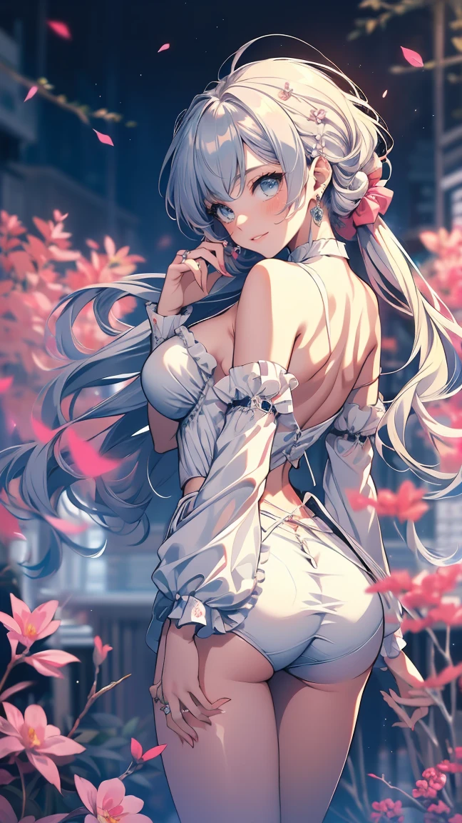 (photorealistic:1.8, highest quality:1.8,8K masterpiece:1.8,High resolution,muste piece:1.8,RAW Photos,cinematic lighting),
1 23-year-old woman,(colorful battle uniform,mini skirt,choker,knee high tights,white panties、beautiful butt,beautiful thighs),
(beautiful detailed blue eyes:1.7,double eyelid:1.6,beautiful skin:1.8,detailed face)
line of sight(Turning Head Away, Glancing Elsewhere:1.5),(photo seen from behind:1.4),
(short Hair:1.2,Beautiful shining blue-white hair:1.5),
expression(Gentle Smile:1.3,face turns red:1.3),(Moderate chest:1.3),
Pause(look back, Seductive pose:1.5),
background(cherry blossoms、Bright field with blooming flowers),anatomically correct,correct number of arms:1.5,correct number of legs:1.5,(cameltoe),No split screen