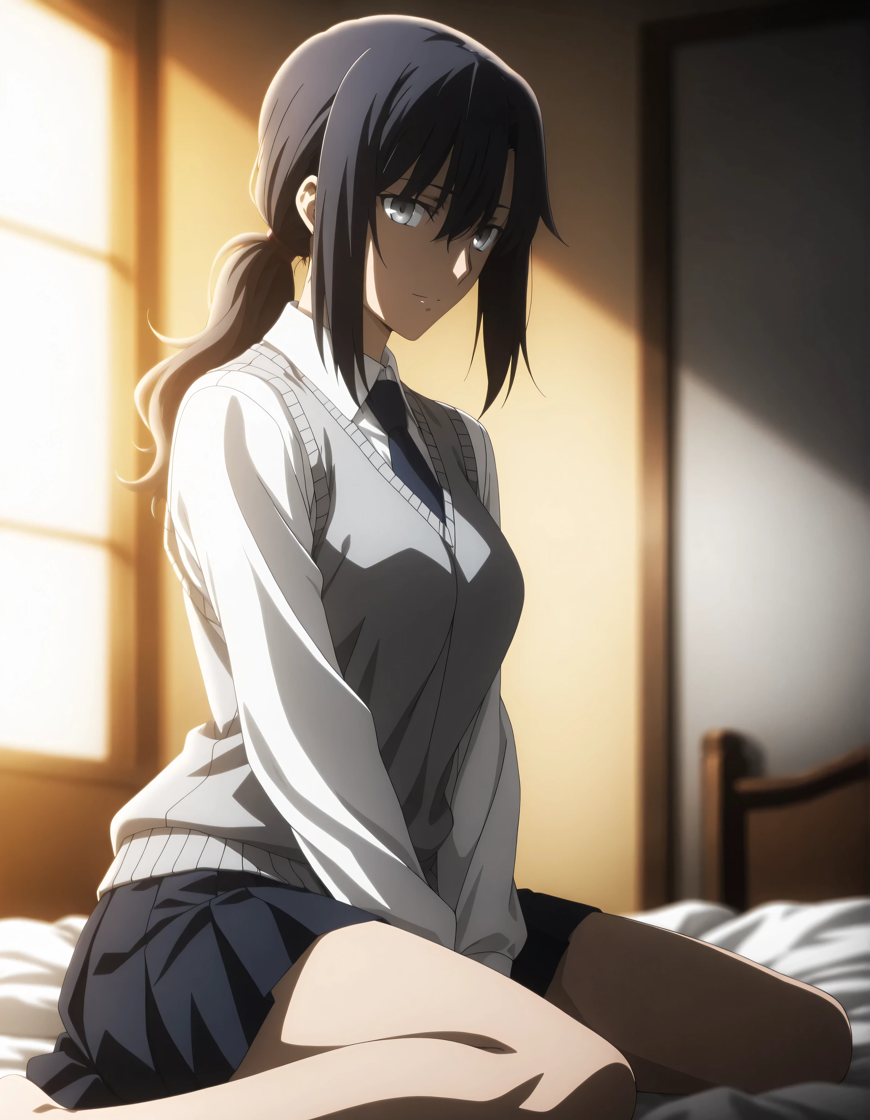 masterpiece, best quality, amazing quality, highres, absurdres, very aesthetic, high resolution, ultra detailed, perfect details, midnight, , upper body, indoors, ufotable style, blue hour, backlight, , (from side),
1girl, solo, ufotable style, anime style, (anime coloring:1.5), (anime screencap:1.2) ,(aged up:1.4),
girl, mature, slim body, slender body, ,Fate Grand Order, fate, Fate Grand Order, medium hair, (straight hair, low ponytail), light gray eyes, black hair, on bed, white shirt, (gray sweater vest), dark blue necktie , long pleated skirt, (small breast), looking at viewer, ((wariza, arms between legs)) , long legs, (expressionless), , very light smile, ,