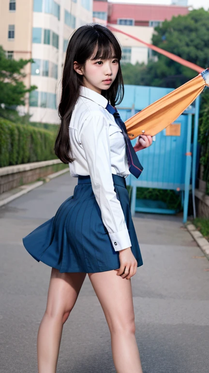 (((shoot from behind))),(((no glasses))), 1girl, (((17 years old))), (((huge bureast:1.5))), brown ponytail, ((looking own foot)), (blush:1.5), ((shy face:1.5)), ((beautiful anime eyes with fine detail)), realistic skin, (intricate details), (((white blouse))),(((navy blue pleated skirt))), (tie), socks, ((wind lift:1.5)), upskirt, A strong wind blows from below, white panties, best lighting, depth field, ((ultra high resolution, high res)), {highres}, {{very fine 8KCG wallpapers}}, {{very precise detailed}}, ((((masterpiece)))), detailed Tokyo streetscape