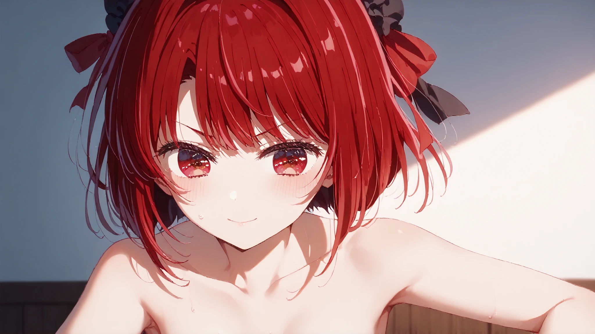 1girl, short red hair, bob cut, red eyes, youthful face, red ribbon accents, confident pose, determined expression, pale skin, delicate features, slight smirk, intense gaze, gothic-style hairpin, subtle sweat on forehead,gothic ta,(full_nude),((日本アニメイラスト)),((日本アニメオフィシャルスタイル)),乳首,膣,(((視聴者を抱く))),((grabbing another's small breasts))