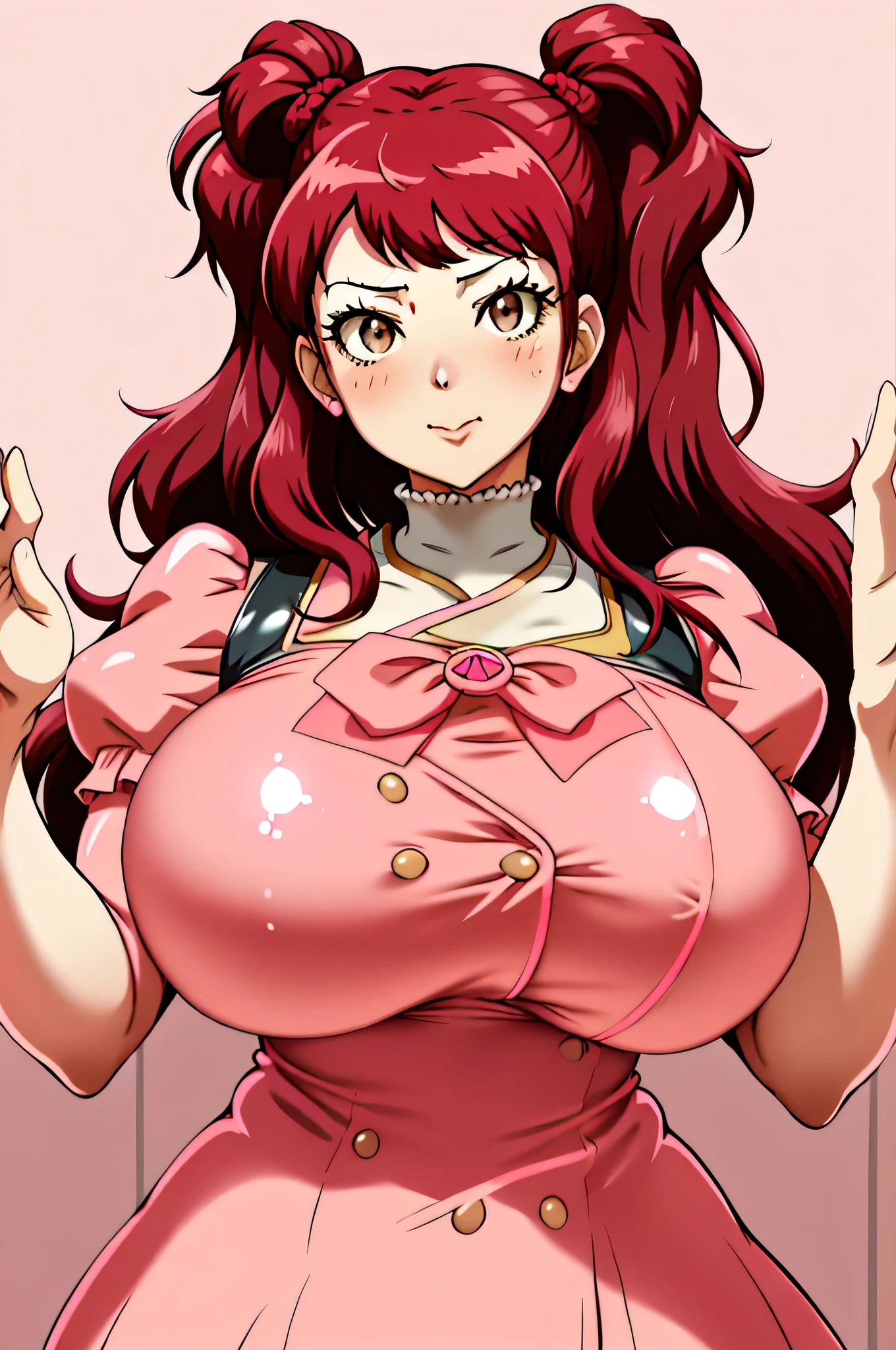 (best quality), big head, face confident, (risekujikawa with huge breasts:1.2) in a pink delmo uniform, pink pencil skirt, puffy sleeves, from the side, shiny latex