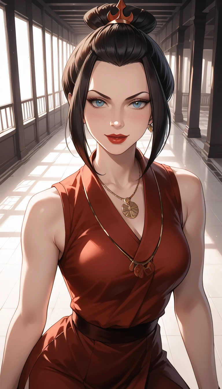 2.5D, (masterpiece), best quality, score_9, score_8_up, score_7_up, azula, red attire, blurry background