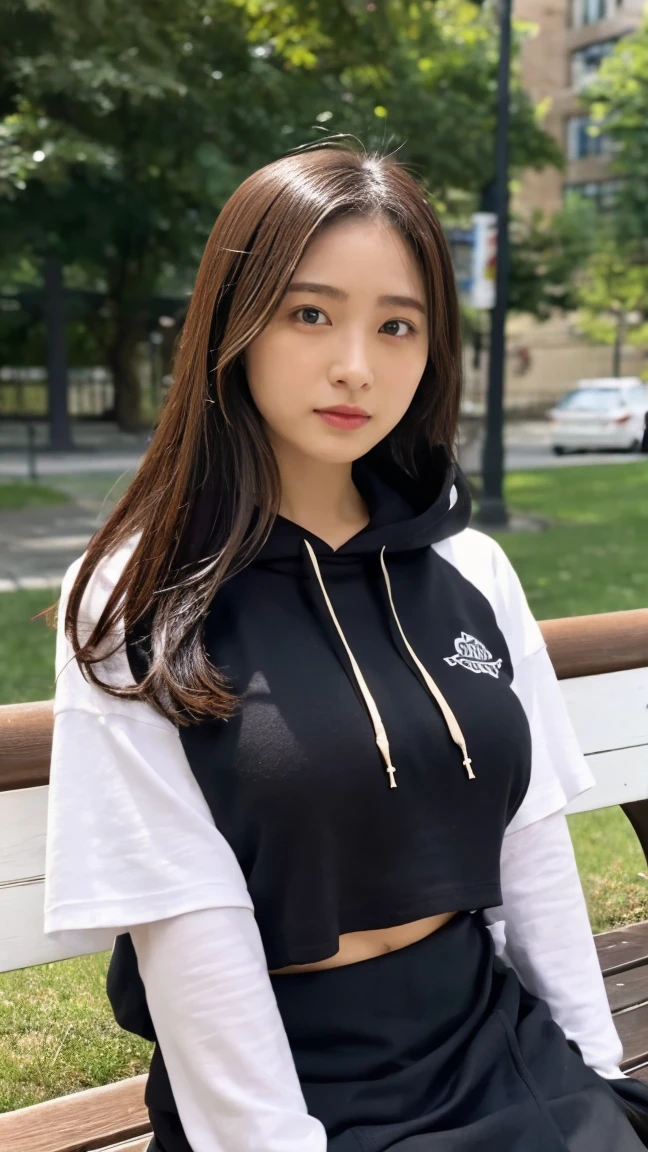 (Best quality, high resolution, masterpiece: 1.3), a beautiful woman, big breasts, slim figure, (short dark brown hair), sweatshirt, beautifully presented details in the street and facial and skin texture, detailed eyes, double eyelids, big eyes