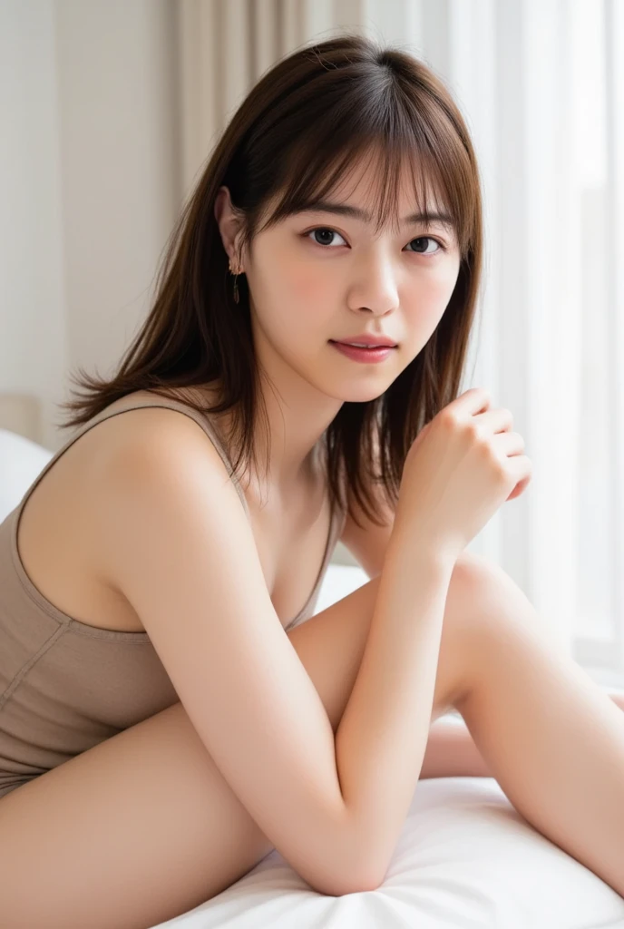 ((Best of the highest quality, 8k, Masterpiece: 1.3, raw photo)), Sharp focus: 1.2, (1 AESPA girl: 1.1), (Solo: 1.18), (realistic, photo-realistic:1.37), face focus, cute face, finely eyes, (Small breasts, flat chest, Thigh: 1.3), short messy hair, updo, (full nude, skirt, squatting: 1.2), terminal, airport, flower