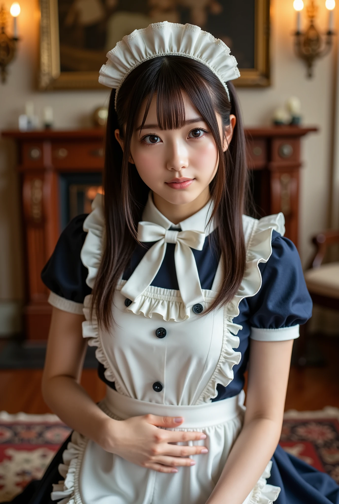 A female junior high school student wearing a maid outfit and exposing her lower body and a male high school student without pants engaged in sexual intercourse