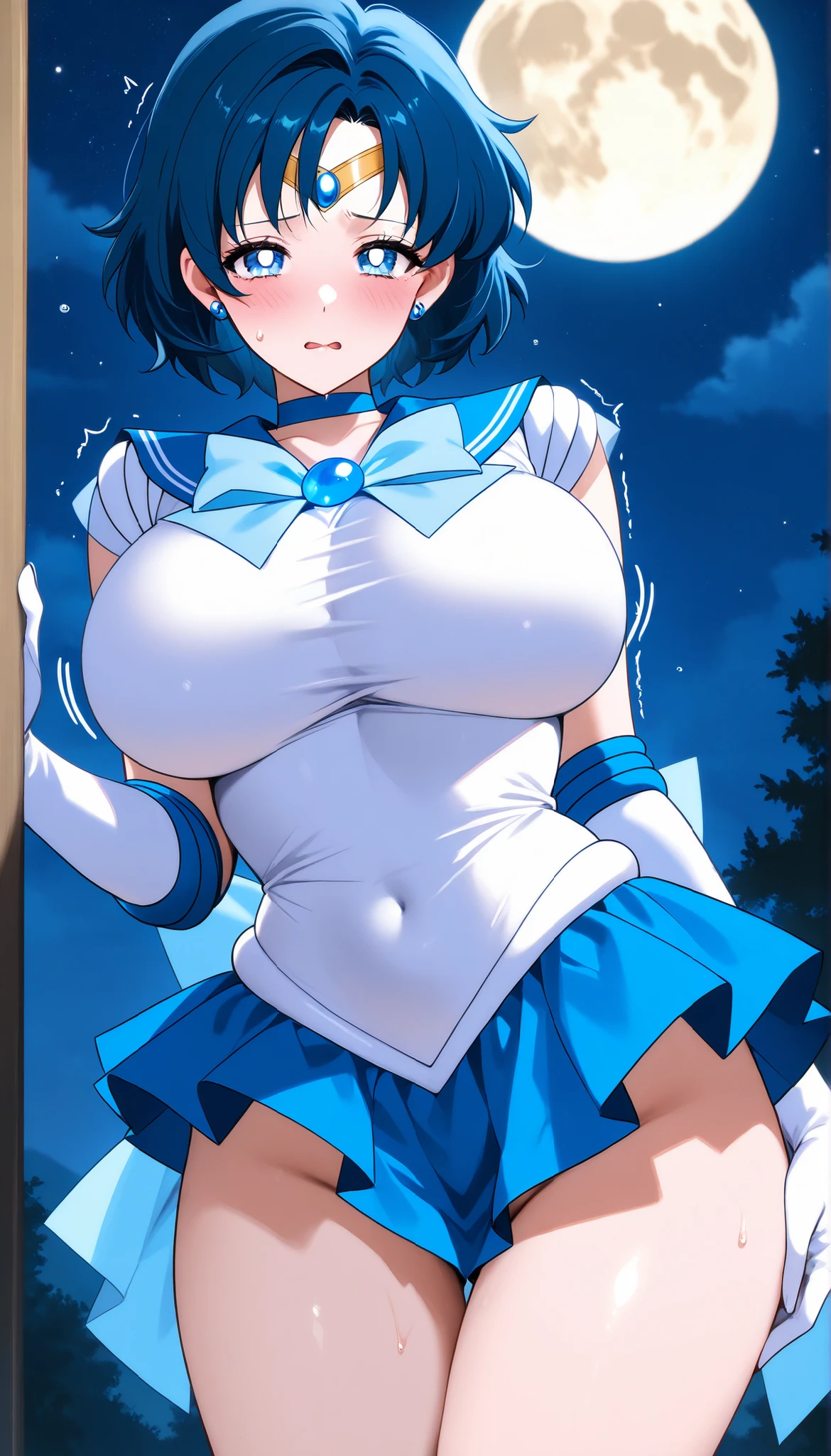 masterpiece,  of the highest quality , alone, Sailor Mercury、blue hair　fully clothed、　fully clothed、fully clothed、 bouncy chest、shaking breasts、 breast shaking、Big Breasts、hand close to crotch 、、action pose　  Night in trouble  　  night sky　   full moon