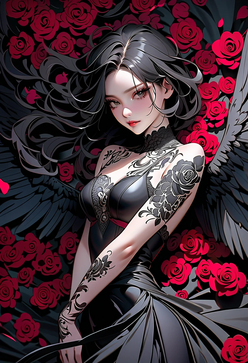 a true masterpiece depicting death angel, oil painting, imortality,, abstract, gorgeous, tattoos,crown, sad, depressing, flowers, perfect face, (tattooed body, black wings, red), blue eyes, roses,