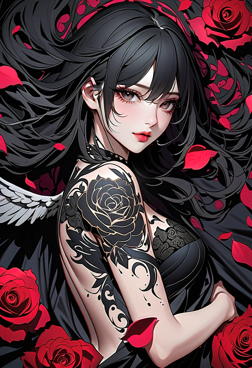 A powerful and otherworldly depiction of a fallen angel emerging from a sea of black roses created in the traditional style of Japanese ink drawings, An eerie rose that is jet black down to the petals, Rose petals must be black, Don't use red, The angel is wrapped in swirling petals that are portrayed with sharp textured ink lines while black rose petals dance around with rhythmic fluidity, Its wings are darkly smudged with ink washes forming a balance between soft shading and detailed precision, The angel’s piercing black eyes and lips resonate with an aura of mystique complemented by long flowing hair that ripples in the ink-touched air, The skin delicately defined displays a prominent tattoo of a cross-shaped dagger drawn with fine black ink, UHD, retina, masterpiece, accurate, textured skin, super detail, high details, high quality, highres, best quality, 16k