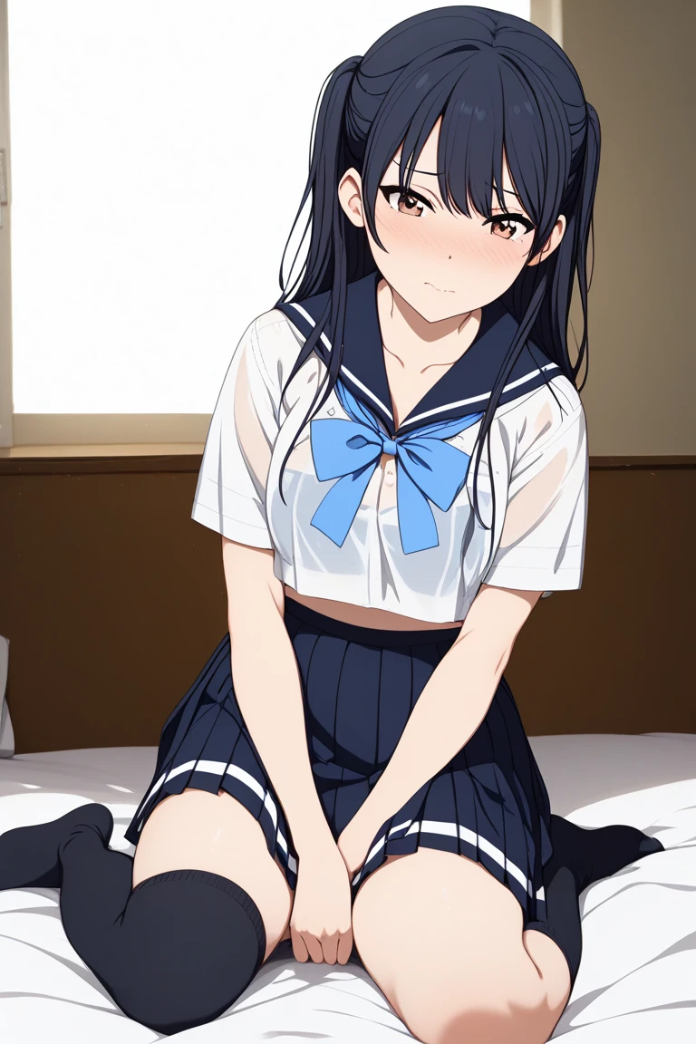 Girl resembling boyish boy in blue sneakers on bed、School uniform、White spats、skirt by the、A smile