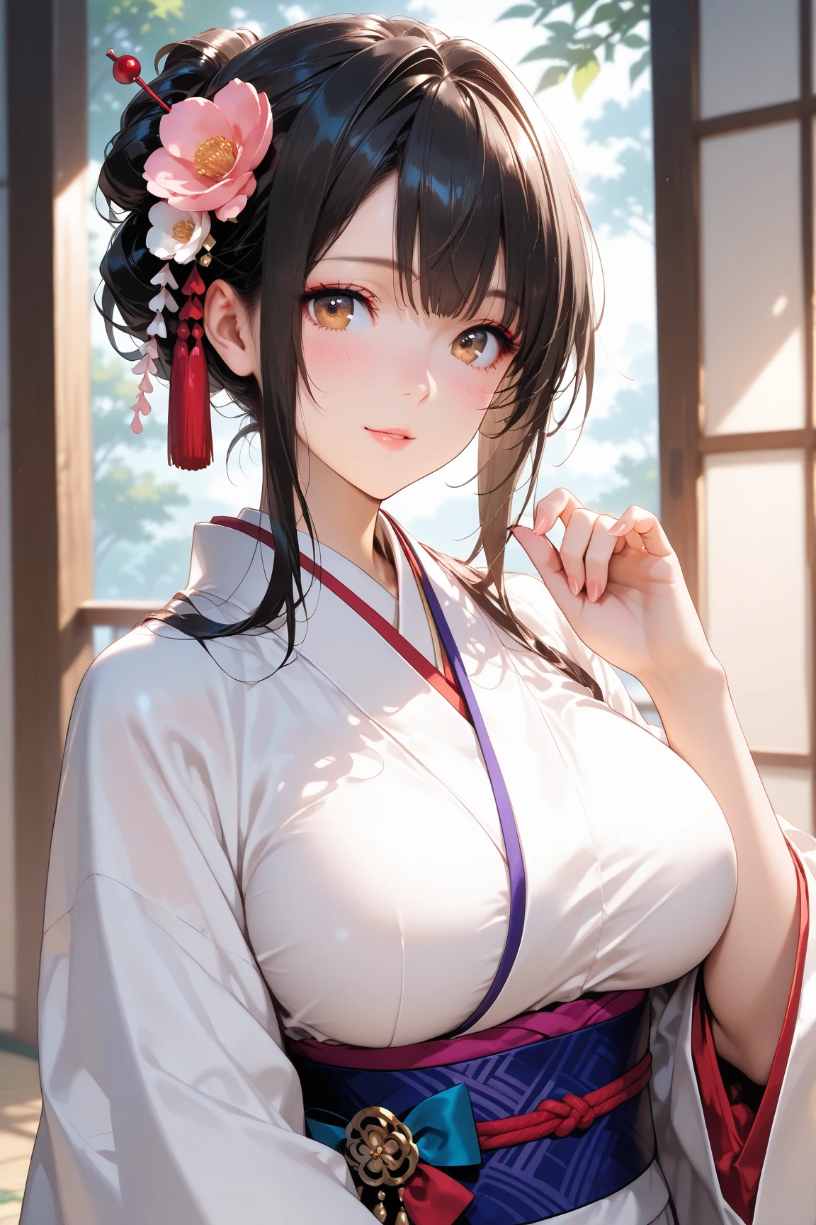 (Super beautiful woman in kimono)、((highest quality、8K masterpiece:1.3))、sharp focus:1.2、(super beautiful face:1.0)、(shiny skin:1.0)、realistic pictures、black hair、video writing、High resolution eyes and face、video writing、japanese actress、from the front、Medium chest、with a happy smile、The beauty of slender abs、whole body、wearing a kimono、cherry blossom in full bloom、luxury obi